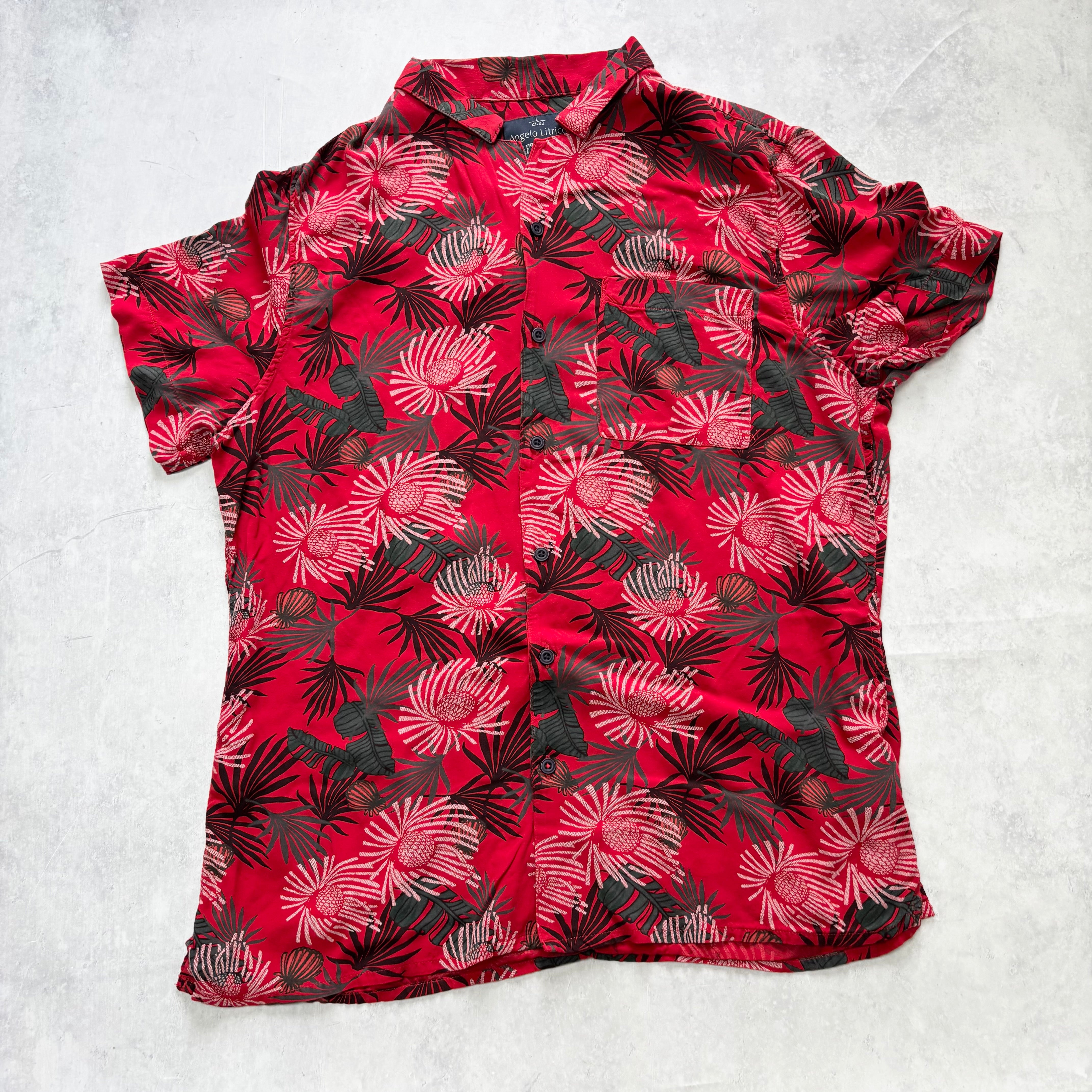 Hawaiian Shirt Mens Large Red Floral Aloha Short Sleeve Viscose Slim Fit (E)