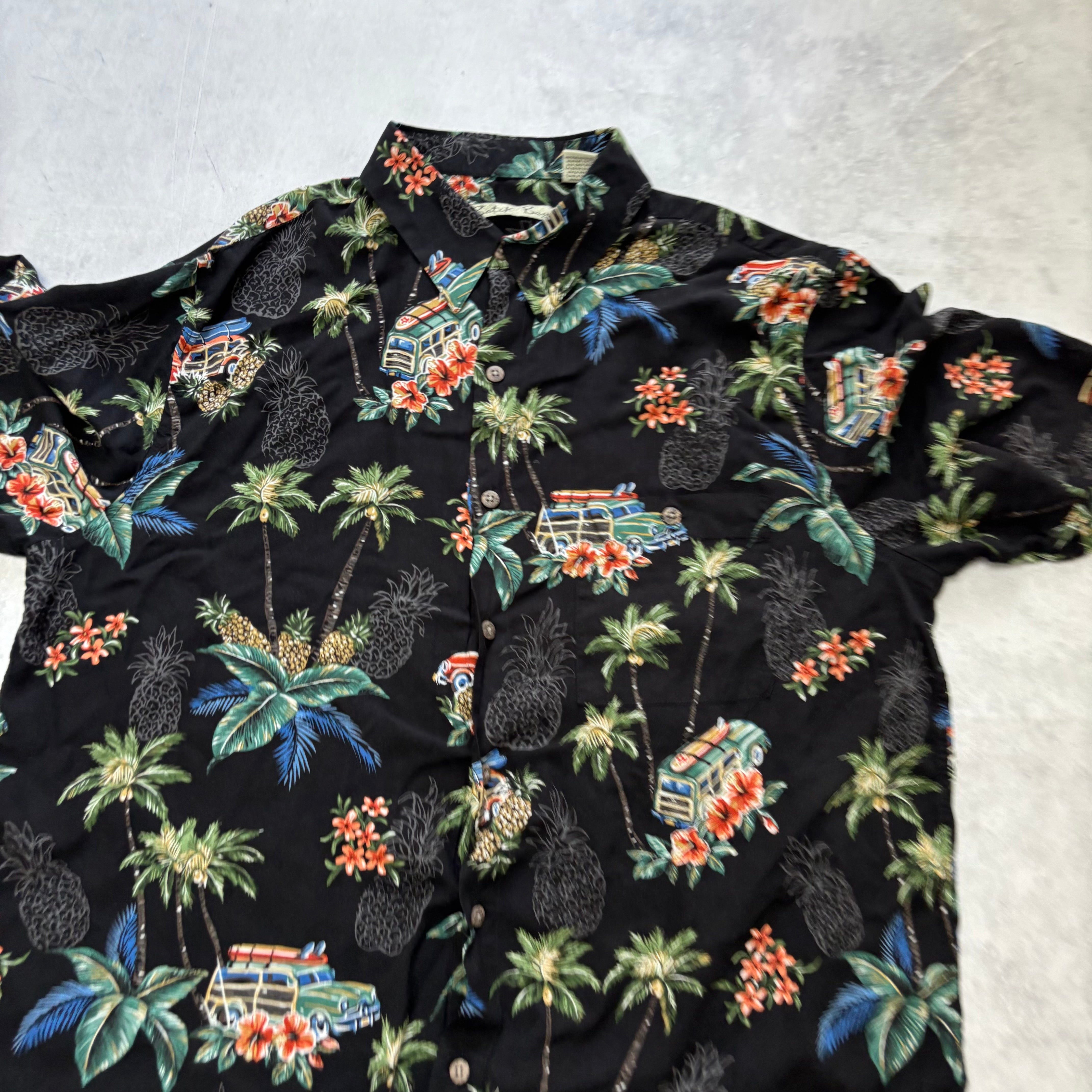 Vintage Hawaiian Shirt Mens Large Black Floral Aloha Short Sleeve Rayon (E)