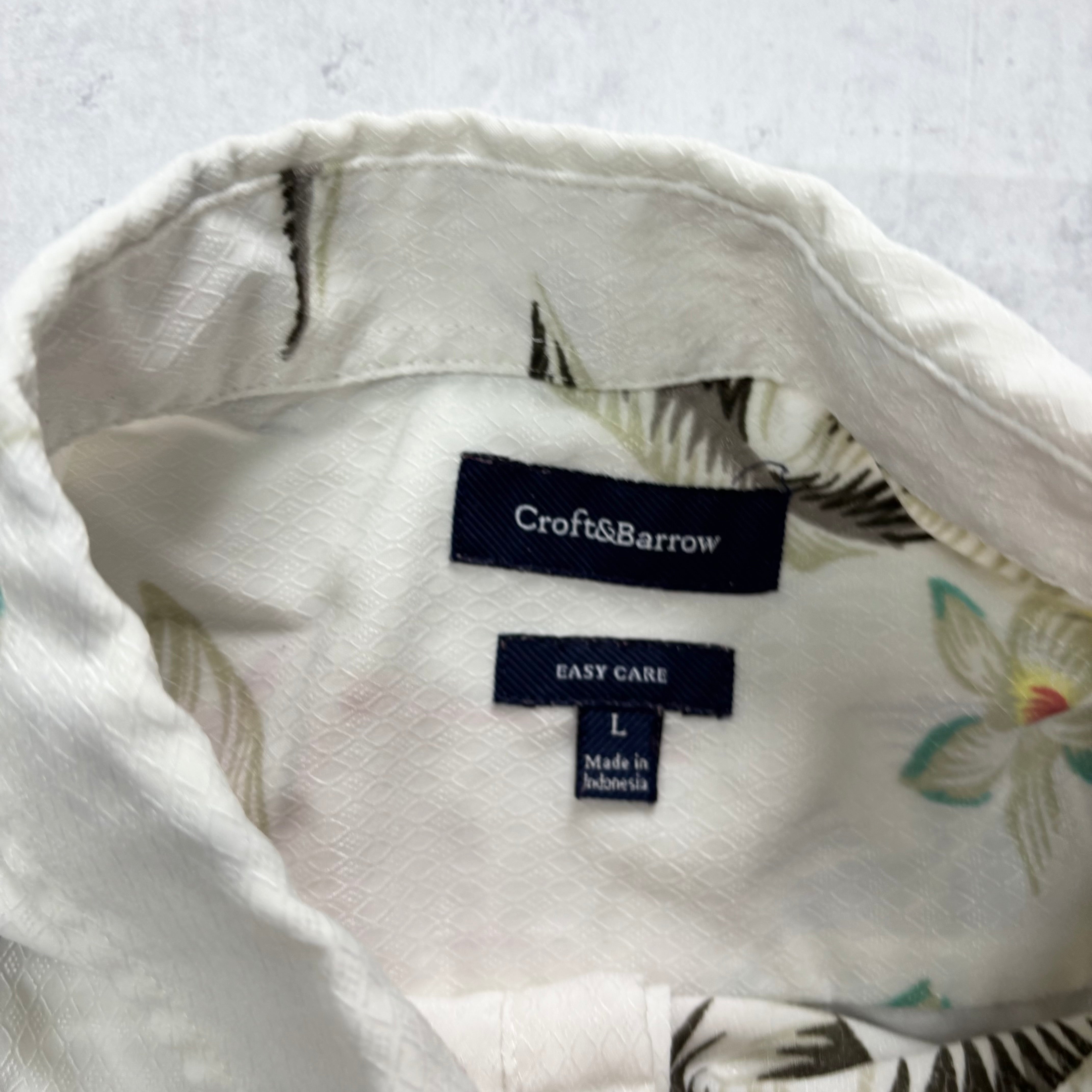 Hawaiian Shirt Mens Large White Floral Aloha Short Sleeve Polyester (E)