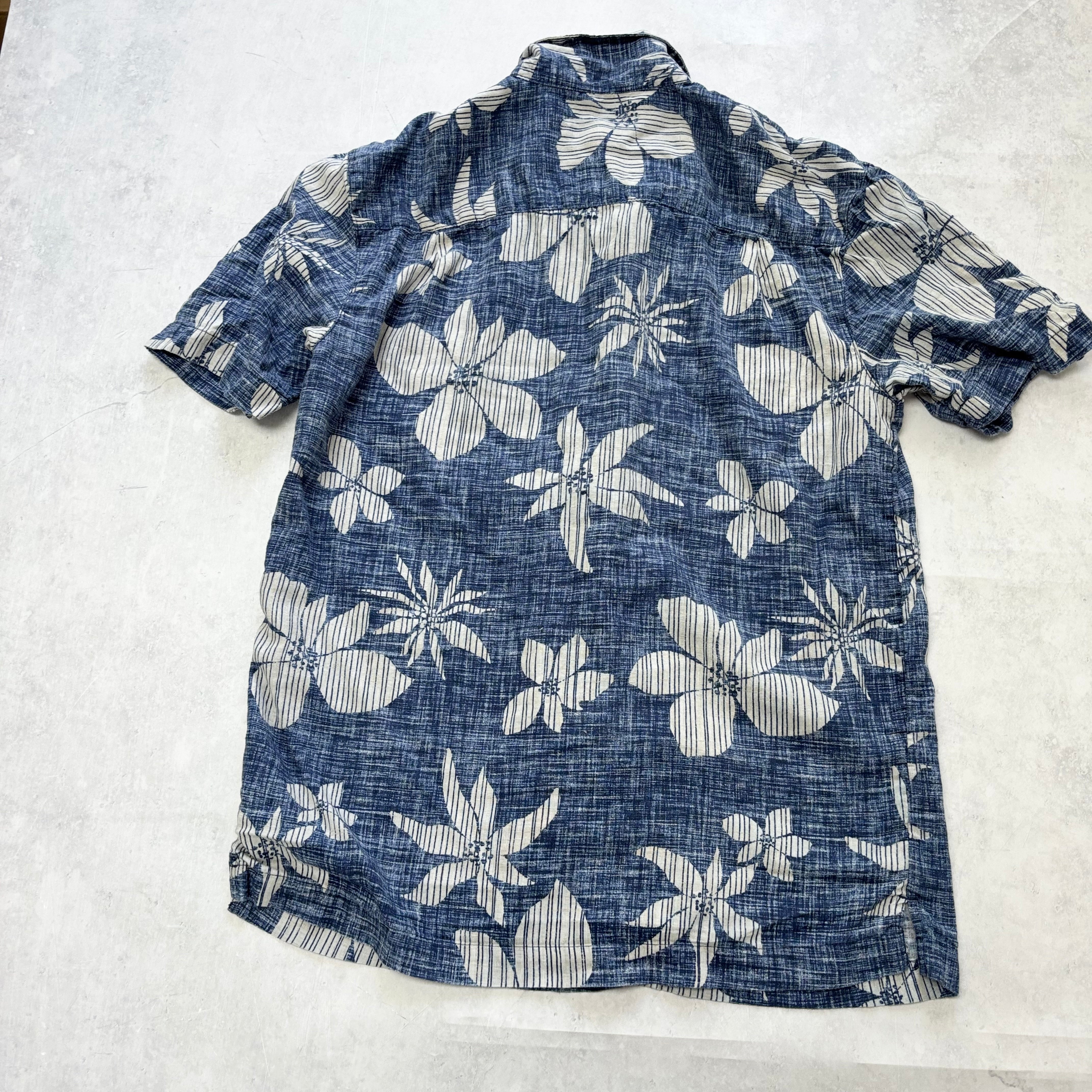George Hawaiian Shirt Mens Small Blue Floral Aloha Short Sleeve Linen (E)