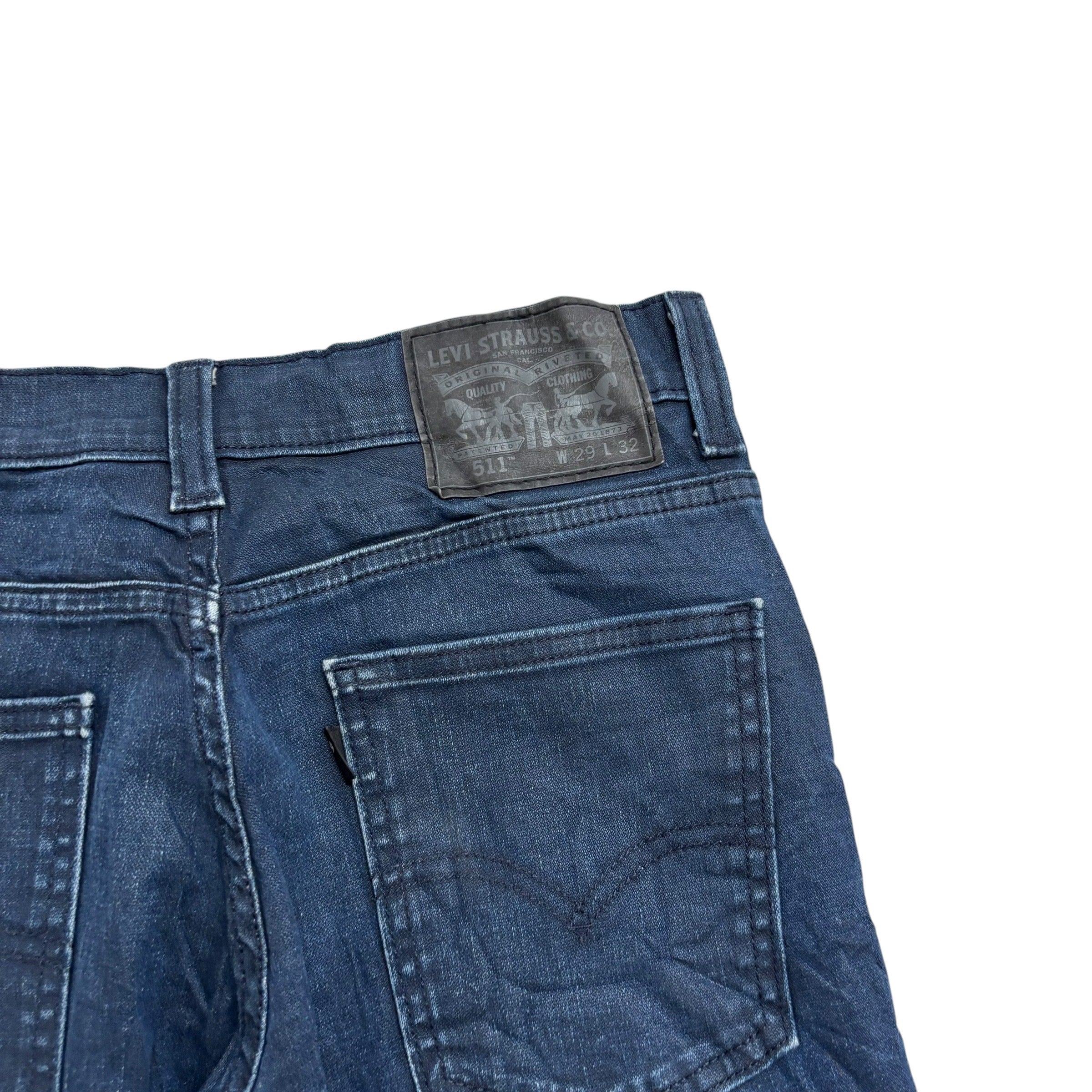 Levis 511 Jeans W29 L31 Mens Navy Blue Slim Fit Stretch Waxed Denim (E)