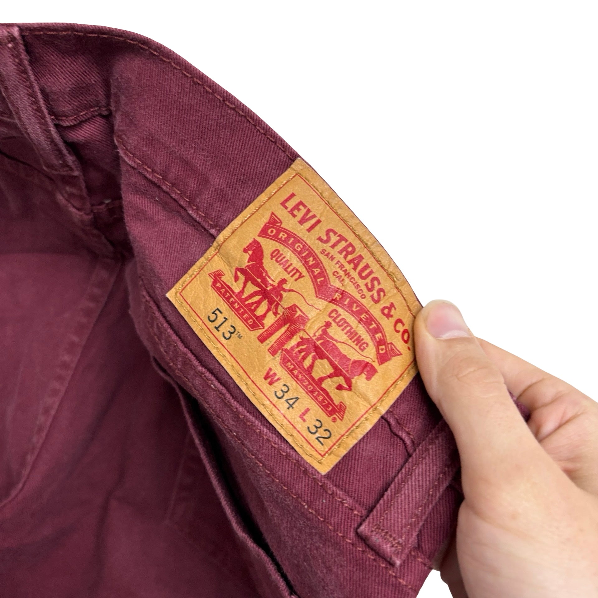 Levis 513 Jeans W34 L32 Mens Burgundy Slim Straight Fit Stretch Denim (E)