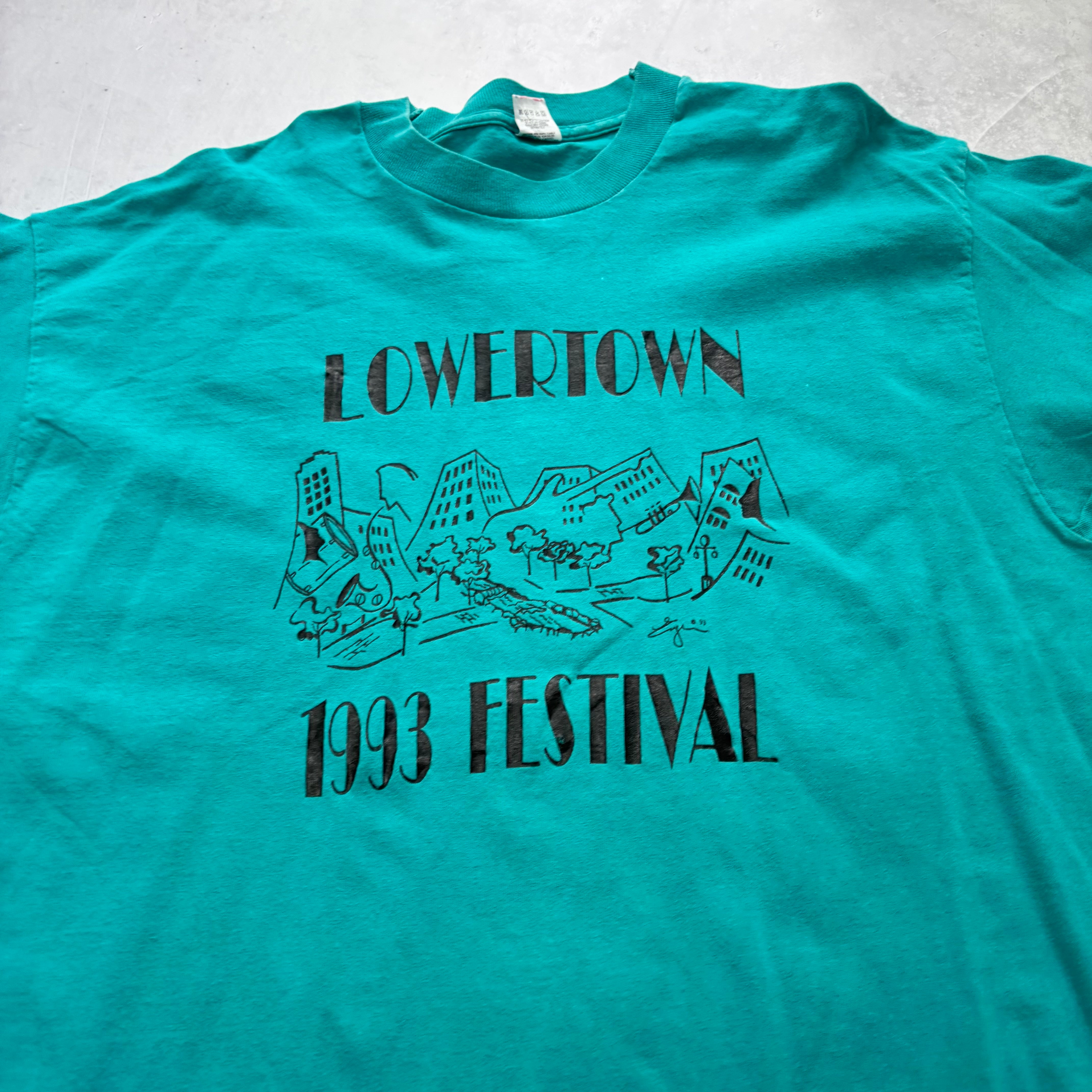 Vintage T Shirt Mens XL Turquoise Blue Single Stitch Graphic Print 90s (E)