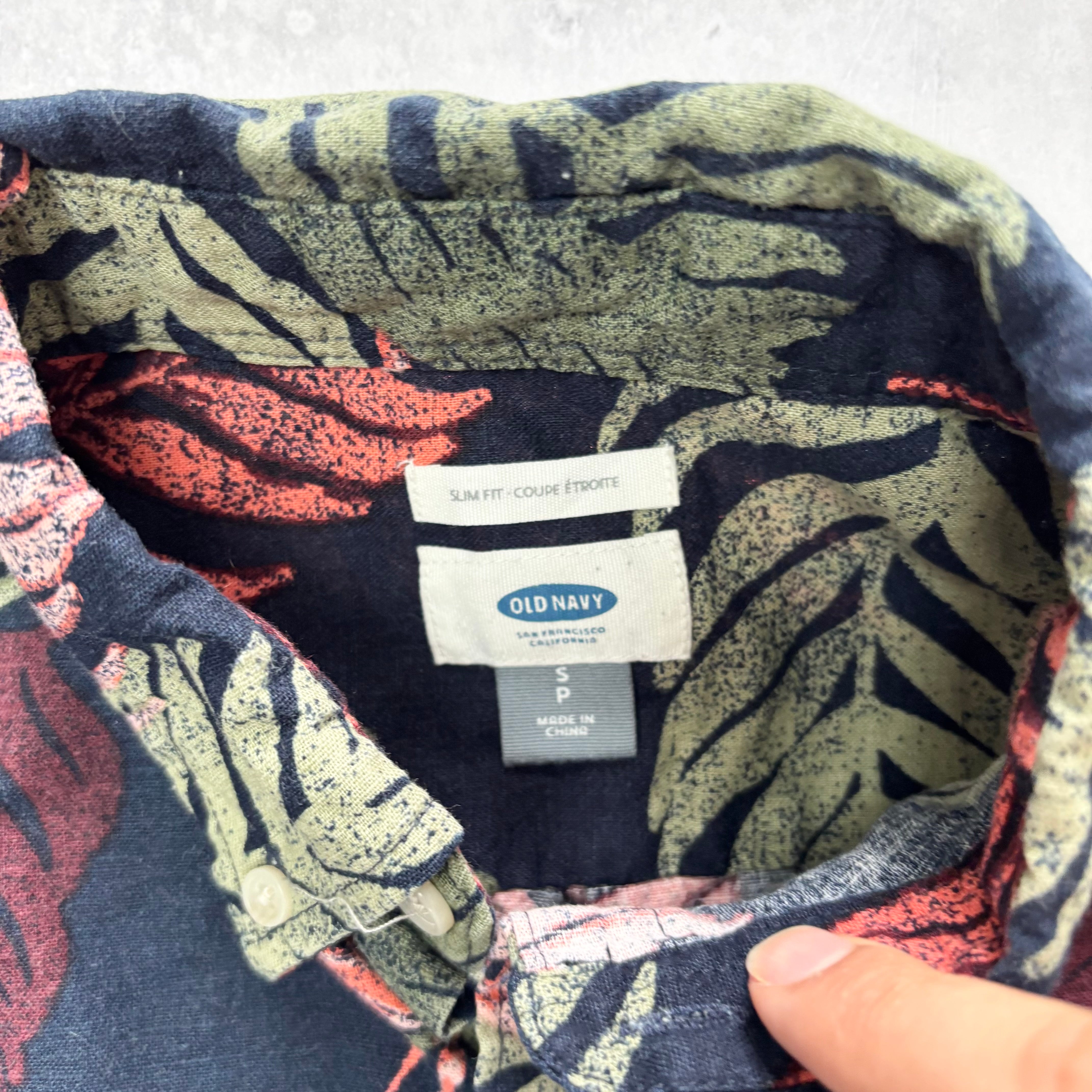 Old Navy Hawaiian Shirt Mens Small Navy Slim Fit Short Sleeve Linen (E)
