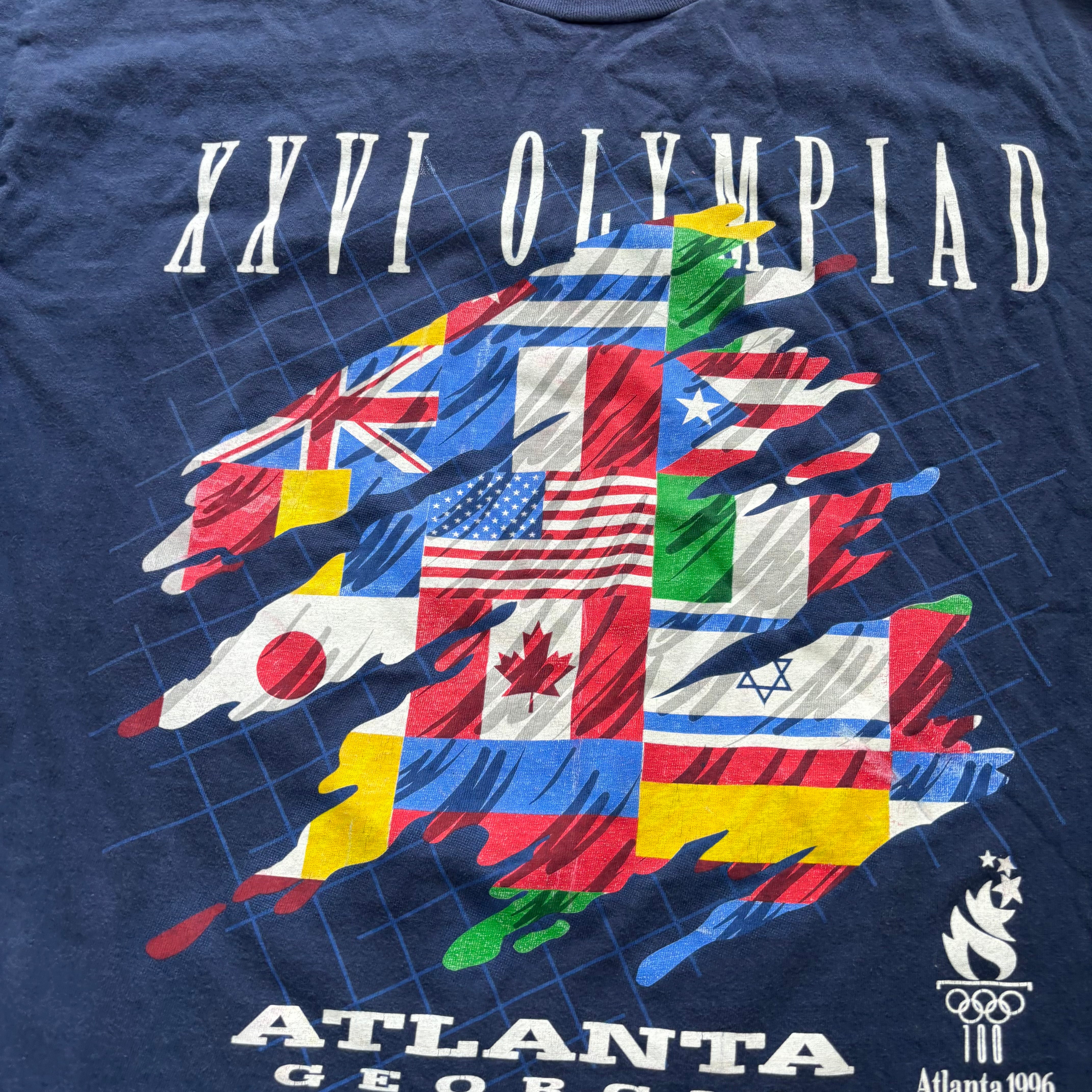 Vintage T Shirt Mens Large Navy Blue Single Stitch Graphic Print 90s Olympics