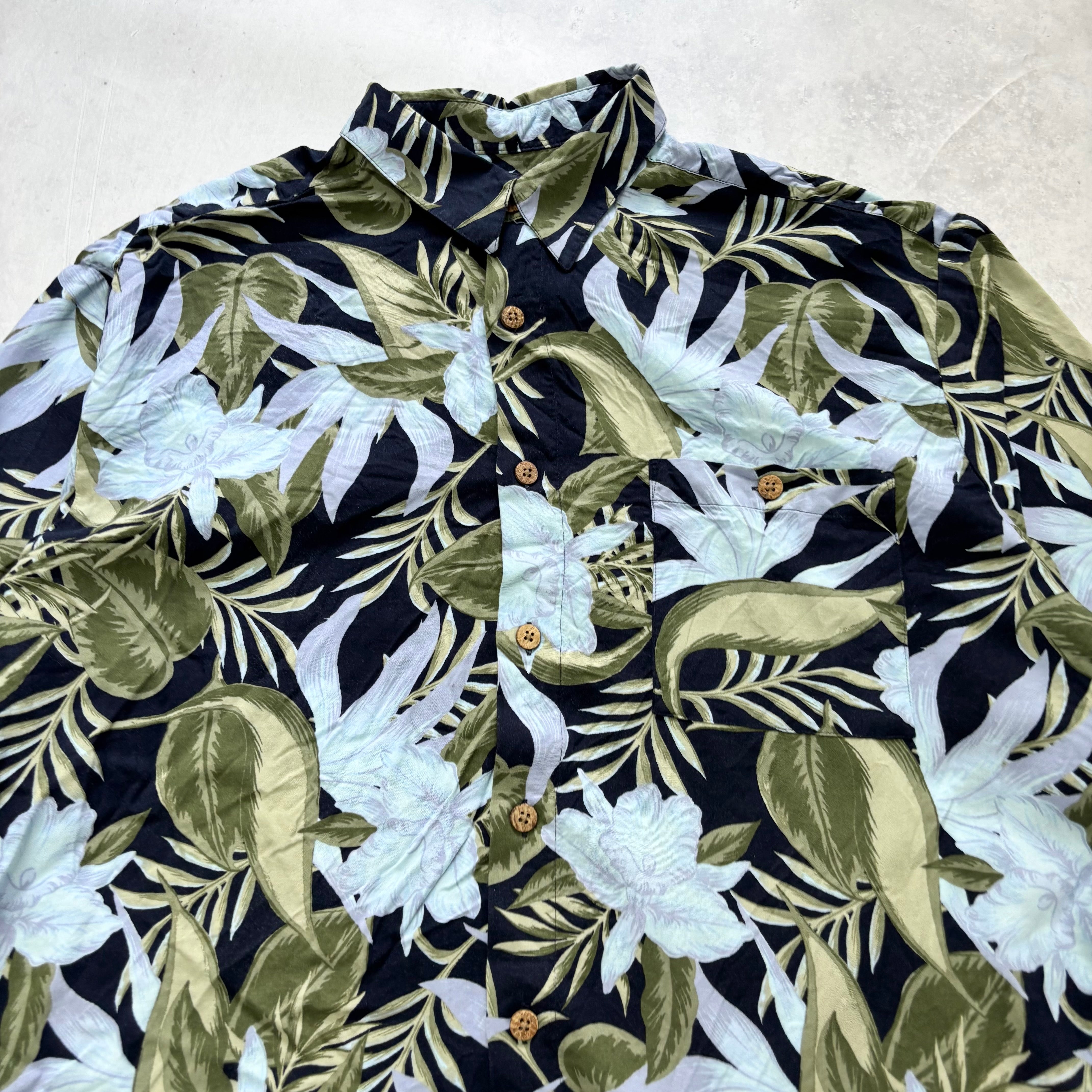 Vintage Hawaiian Shirt Mens XL Blue Floral Aloha Short Sleeve Rayon (E)