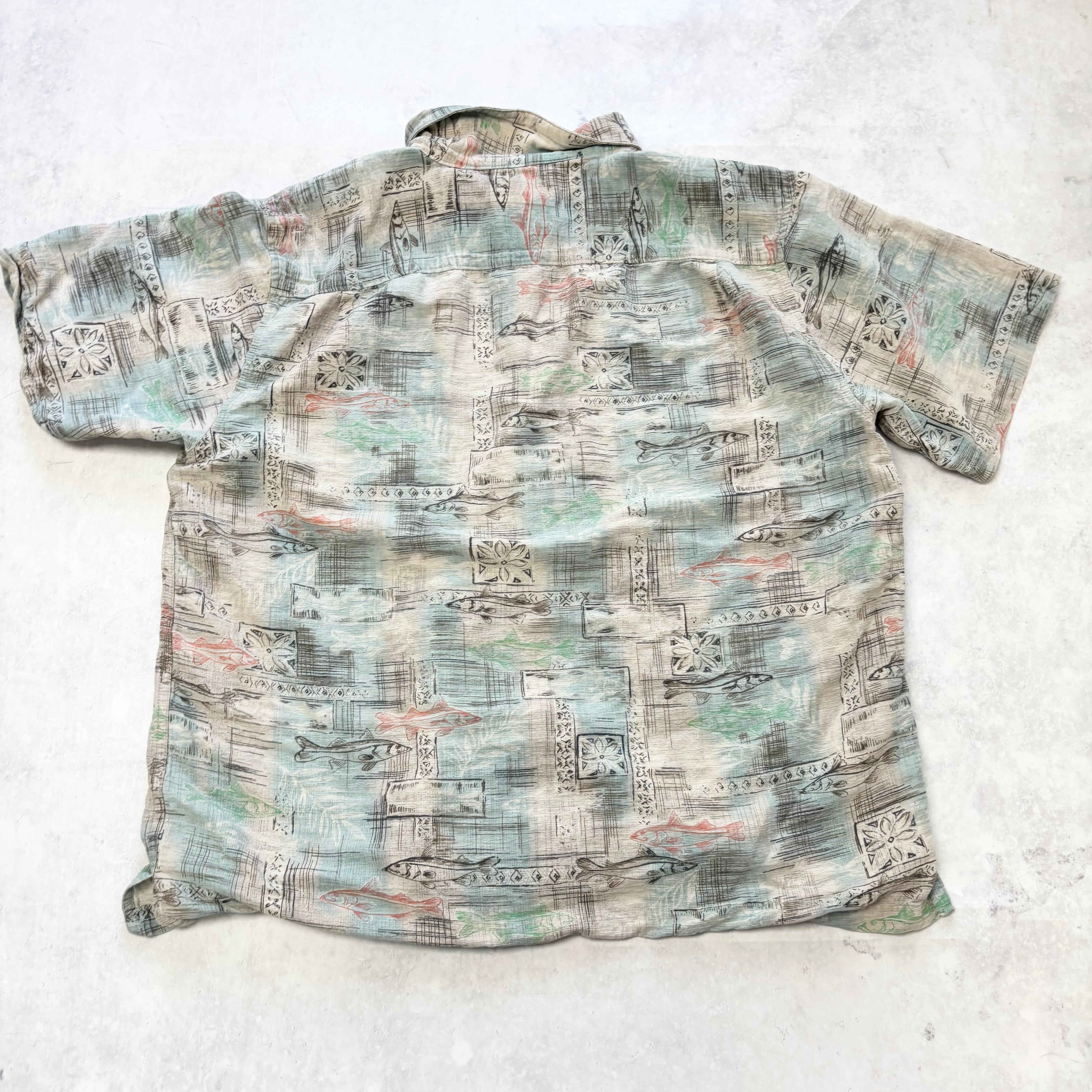 Vintage Hawaiian Shirt Mens Large Grey Silk Floral Aloha Short Sleeve (E)