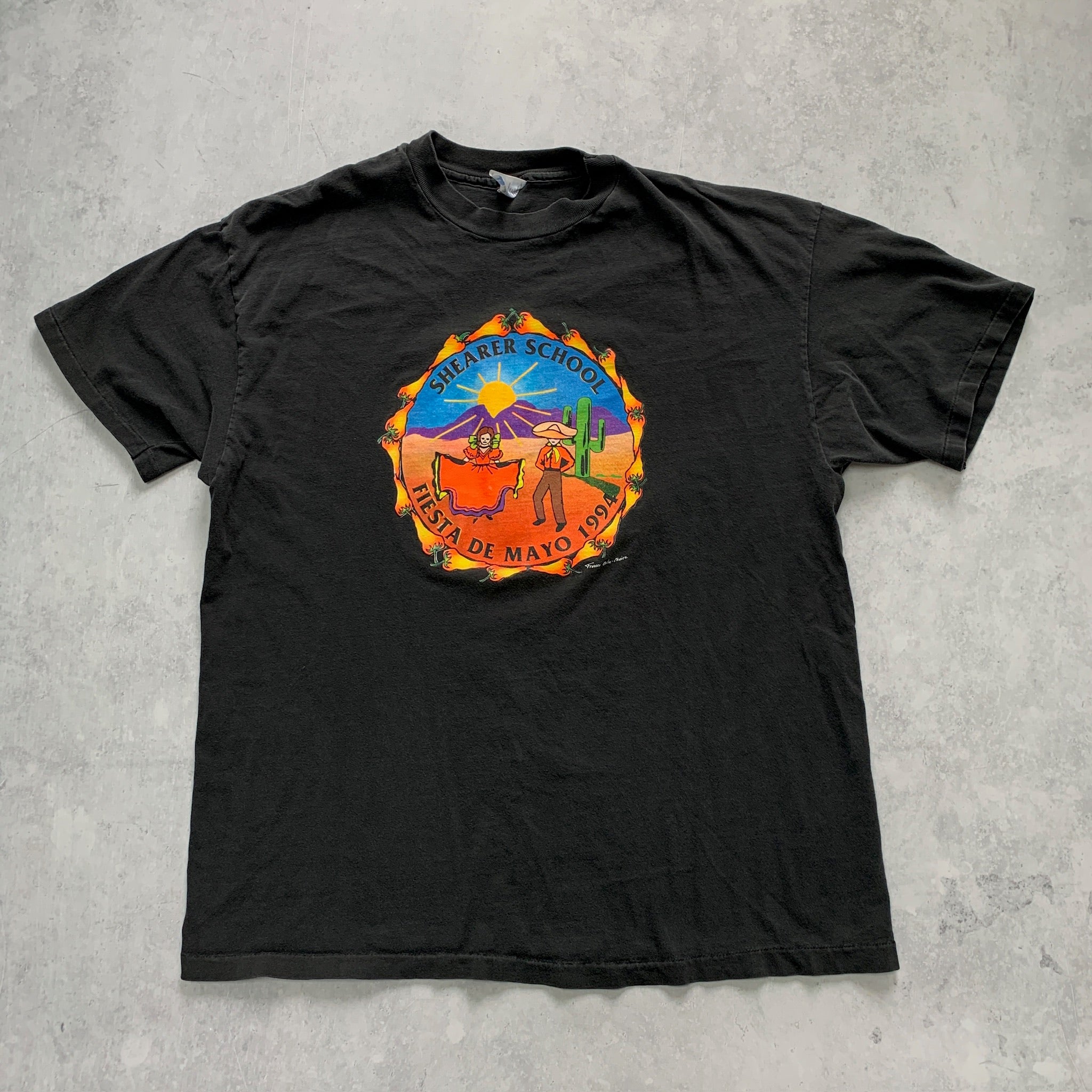 Vintage T Shirt Mens XL Black Single Stitch Graphic Print 90s USA Fiesta