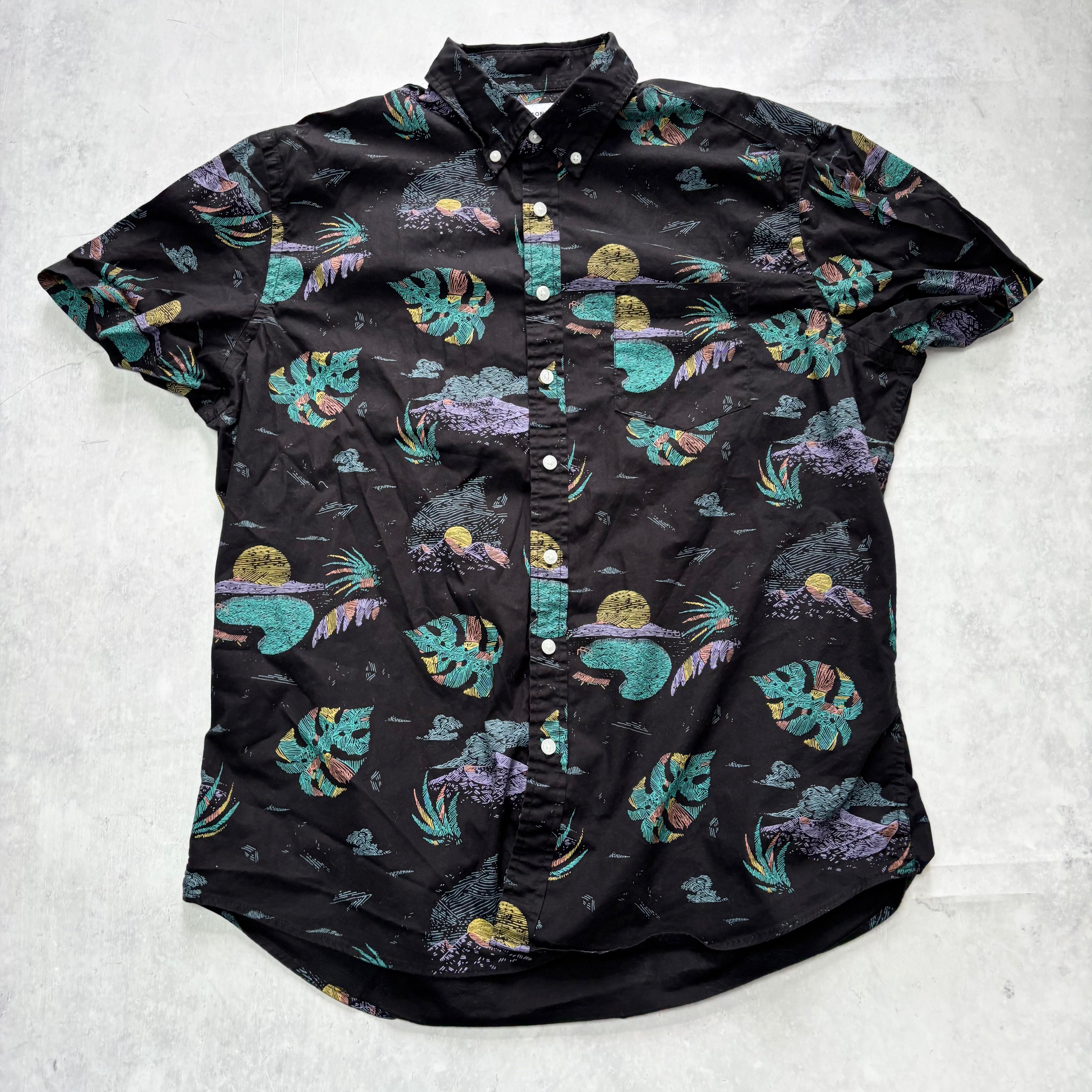 Hawaiian Shirt Mens XL Black Floral Aloha Short Sleeve Cotton Slim Fit (E)