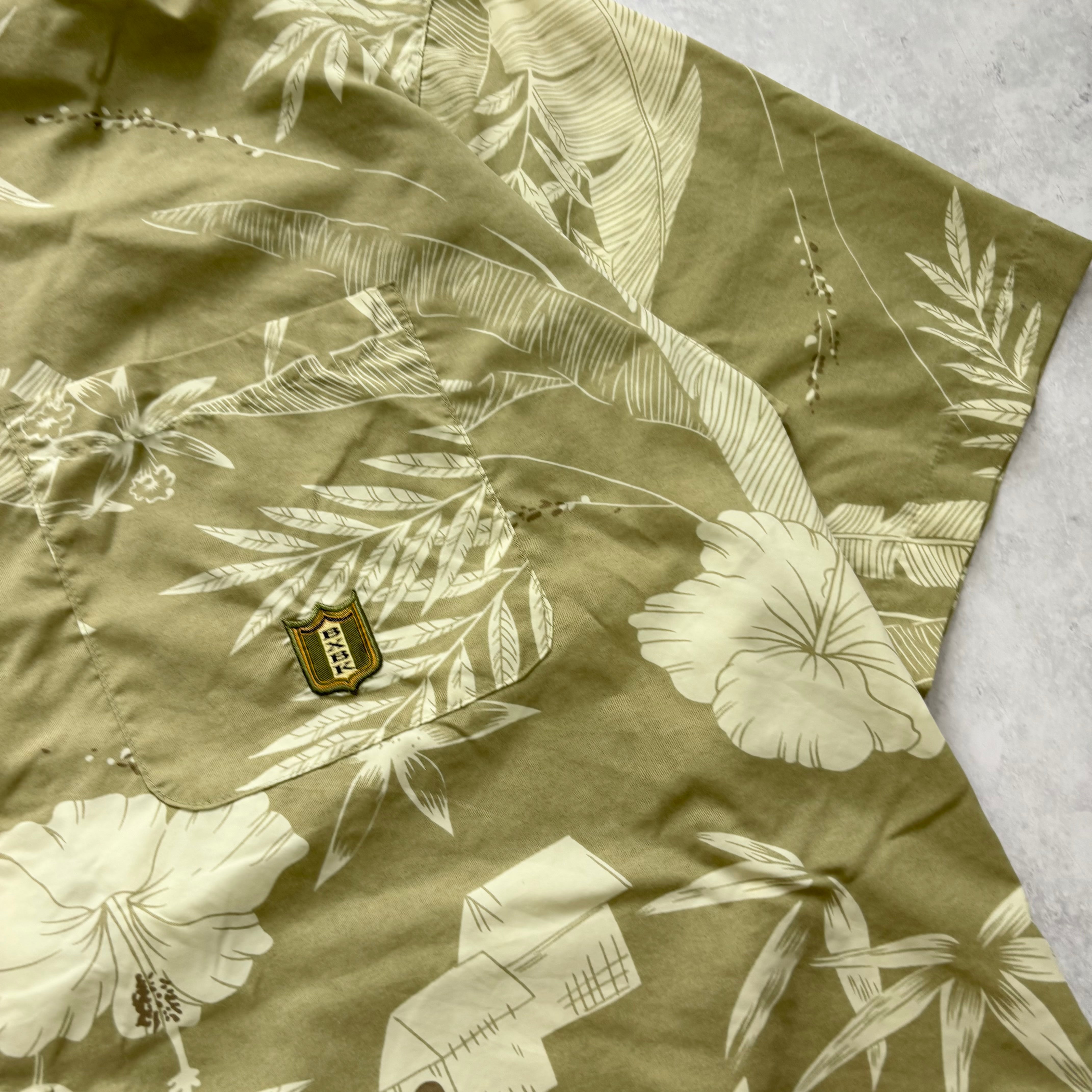 Vintage Hawaiian Shirt Mens Large Green Floral Aloha Short Sleeve Nylon (E)