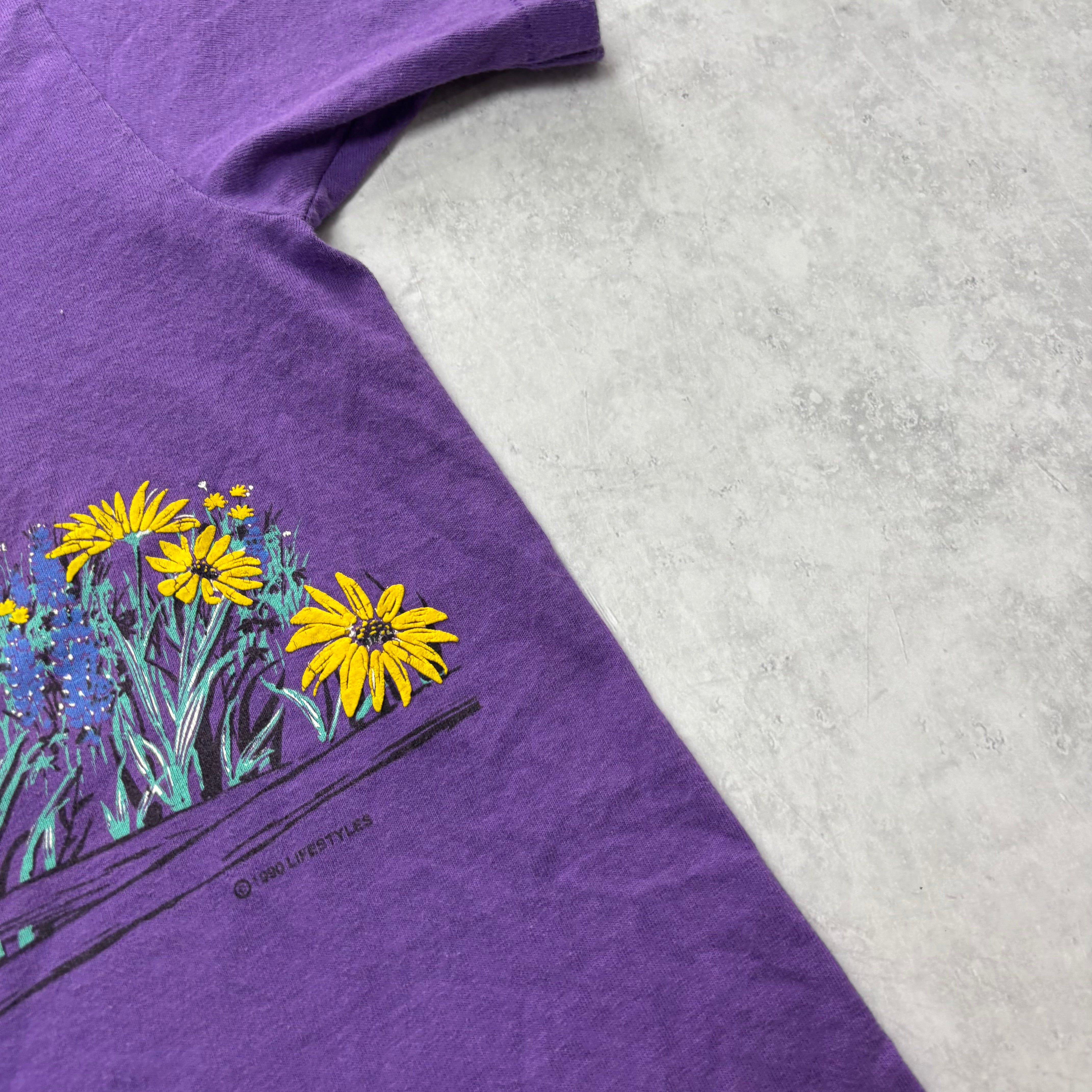 Vintage T Shirt Mens Medium Purple Single Stitch Graphic Print 90s Flowers (E)