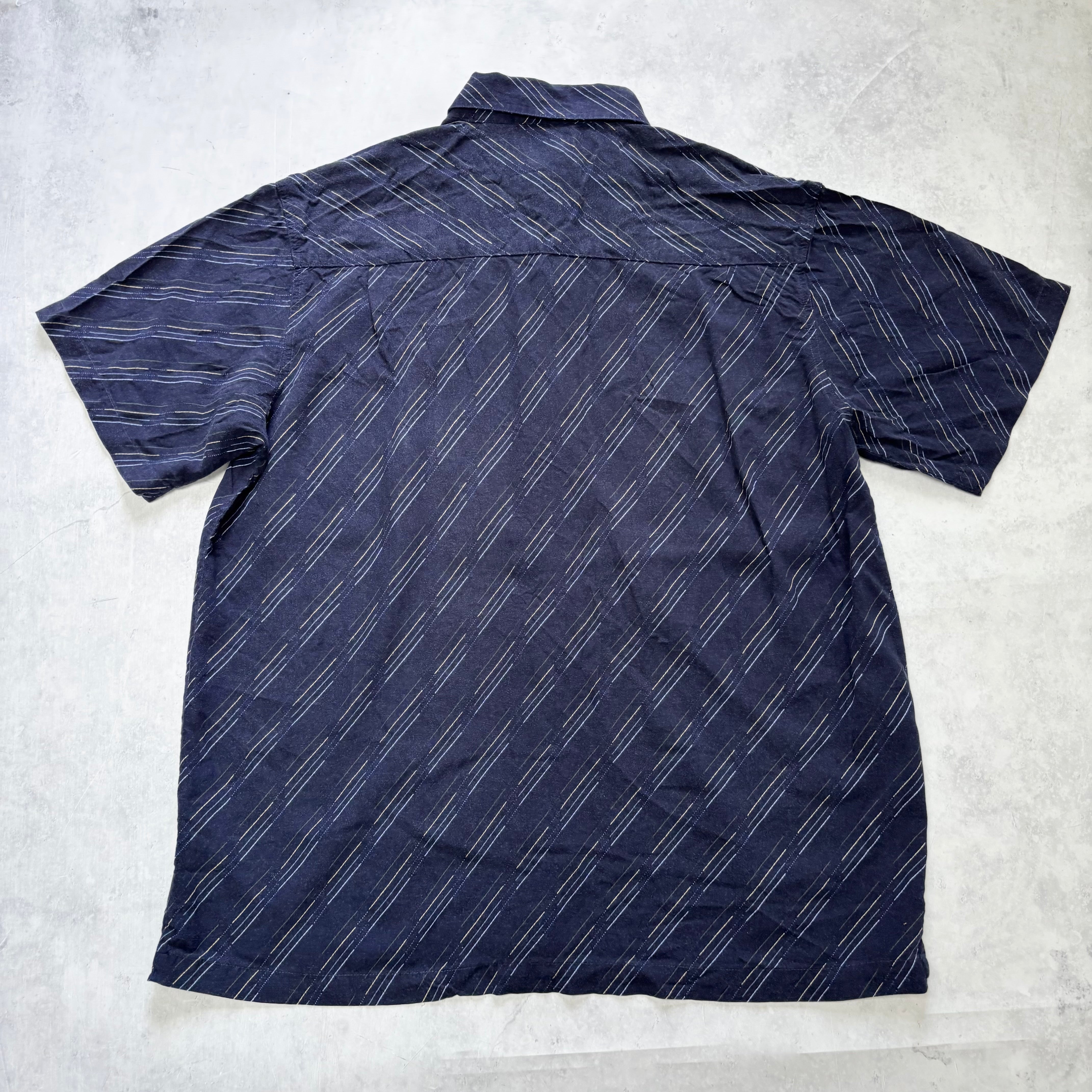 Vintage Shirt Mens Large Navy Blue Striped Short Sleeve Rayon