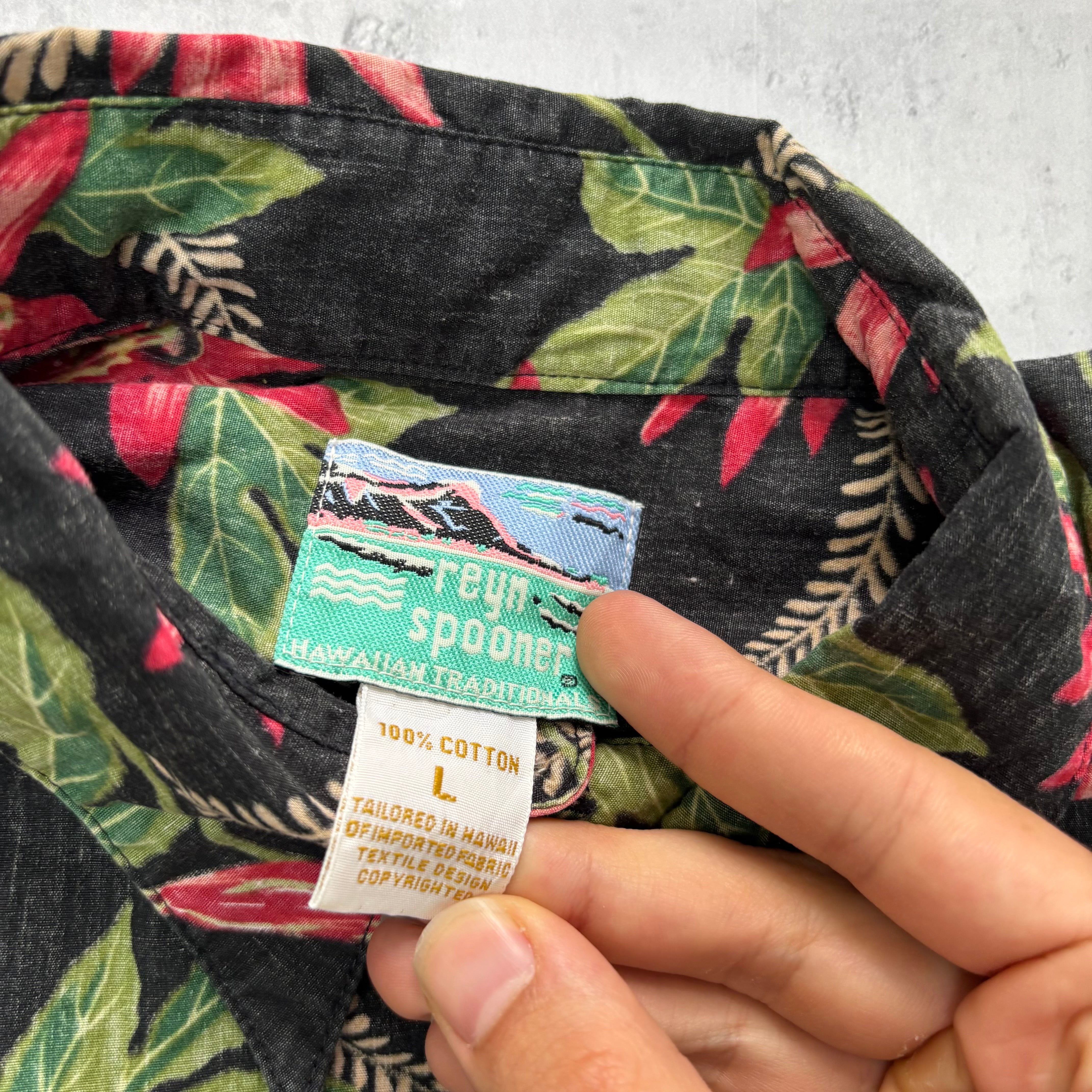 Vintage Hawaiian Shirt Mens Large Black Cotton Aloha Floral Reyn Spooner (E)