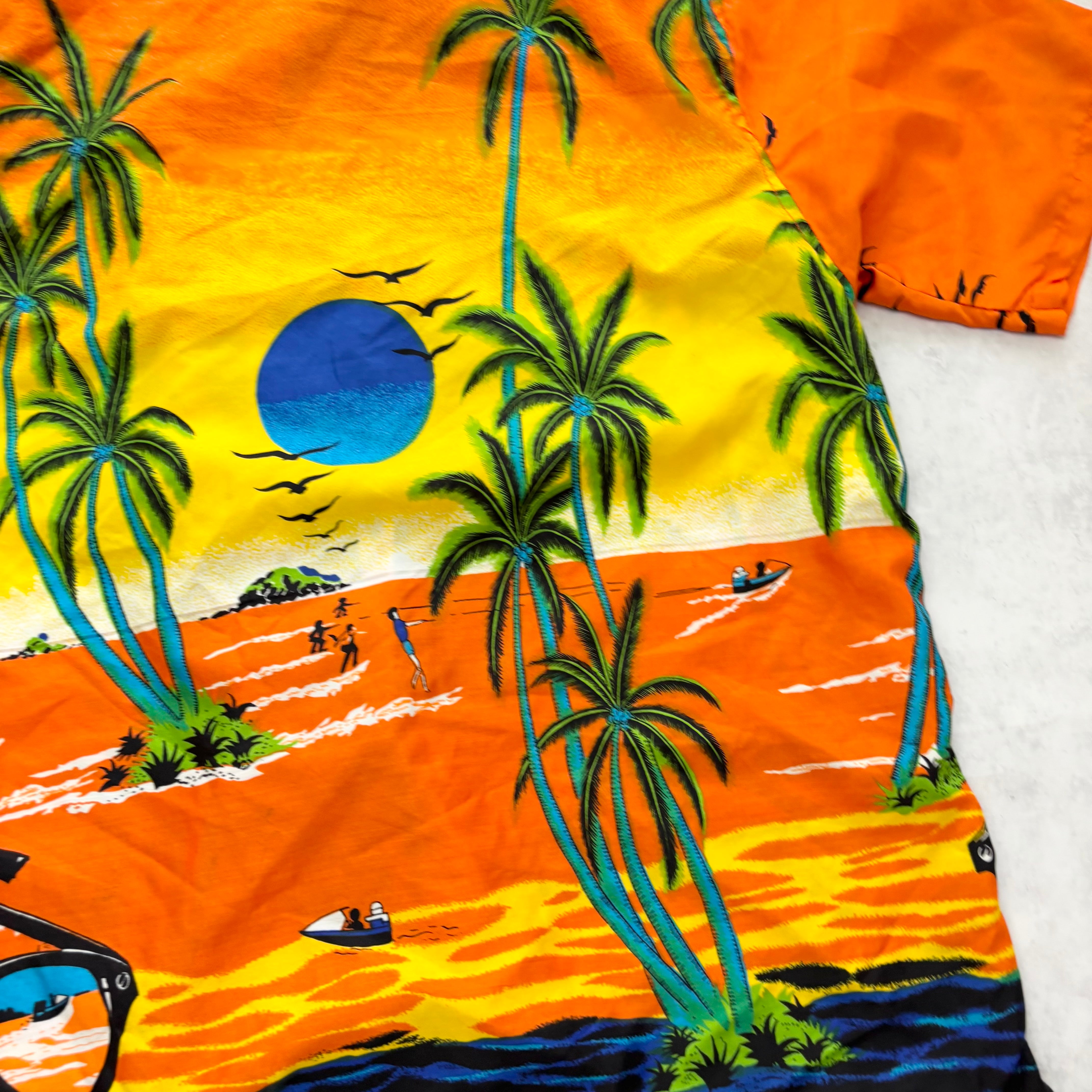 Hawaiian Shirt Mens Large Orange Floral Aloha Short Sleeve Polyester (E)