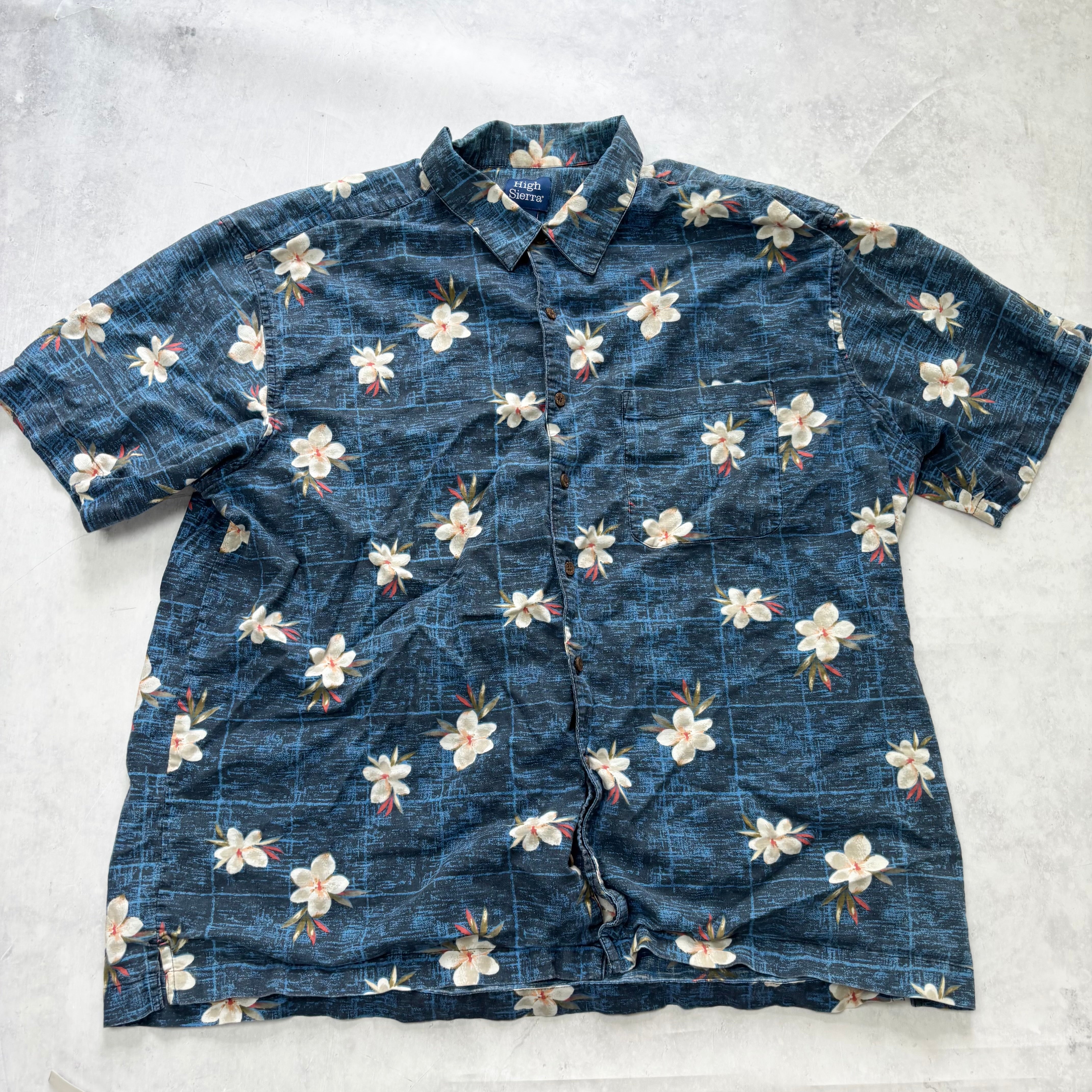Hawaiian Shirt Mens XL Blue Floral Aloha Short Sleeve Linen Blend (E)