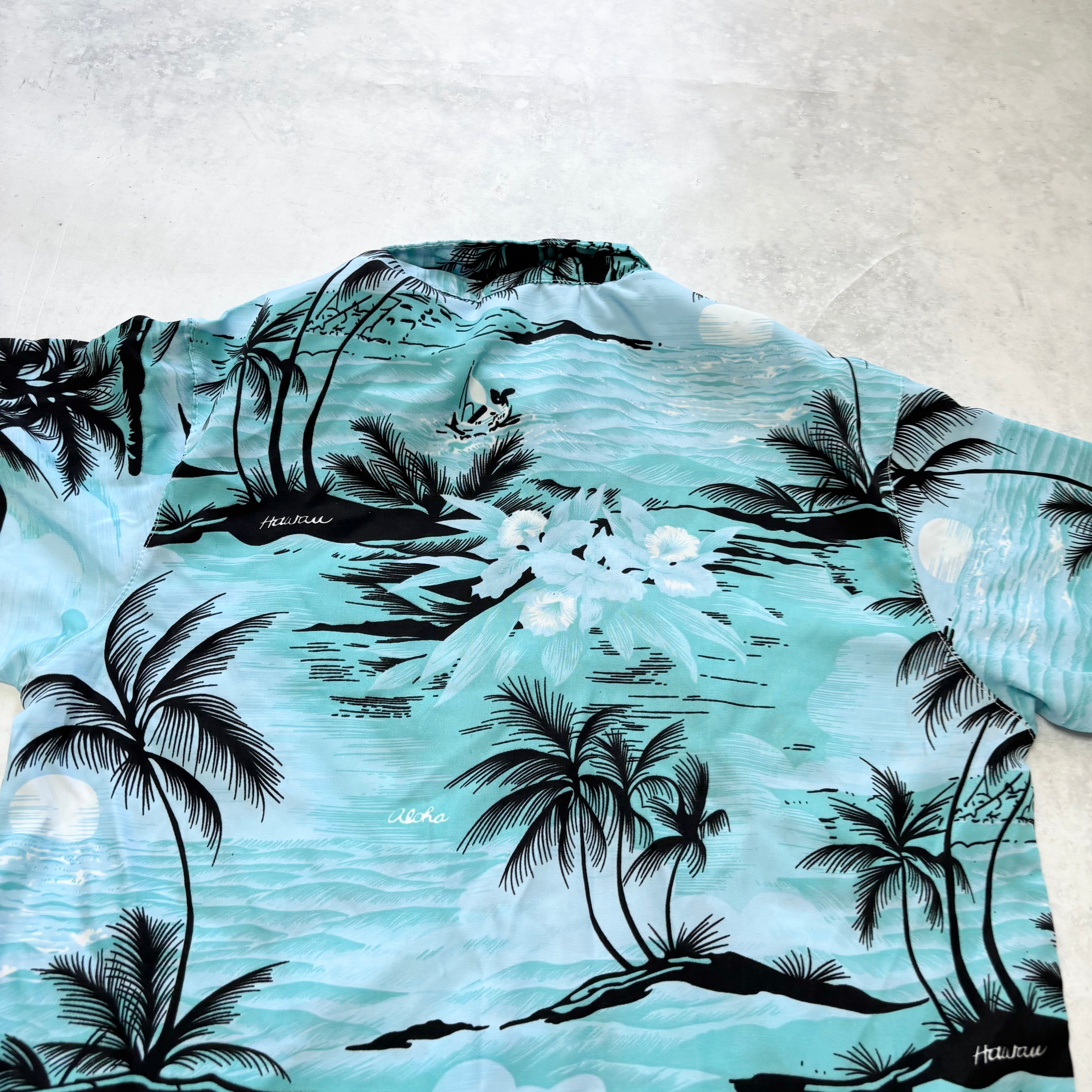 Hawaiian Shirt Mens Large Blue Floral Aloha Short Sleeve Cotton (E)
