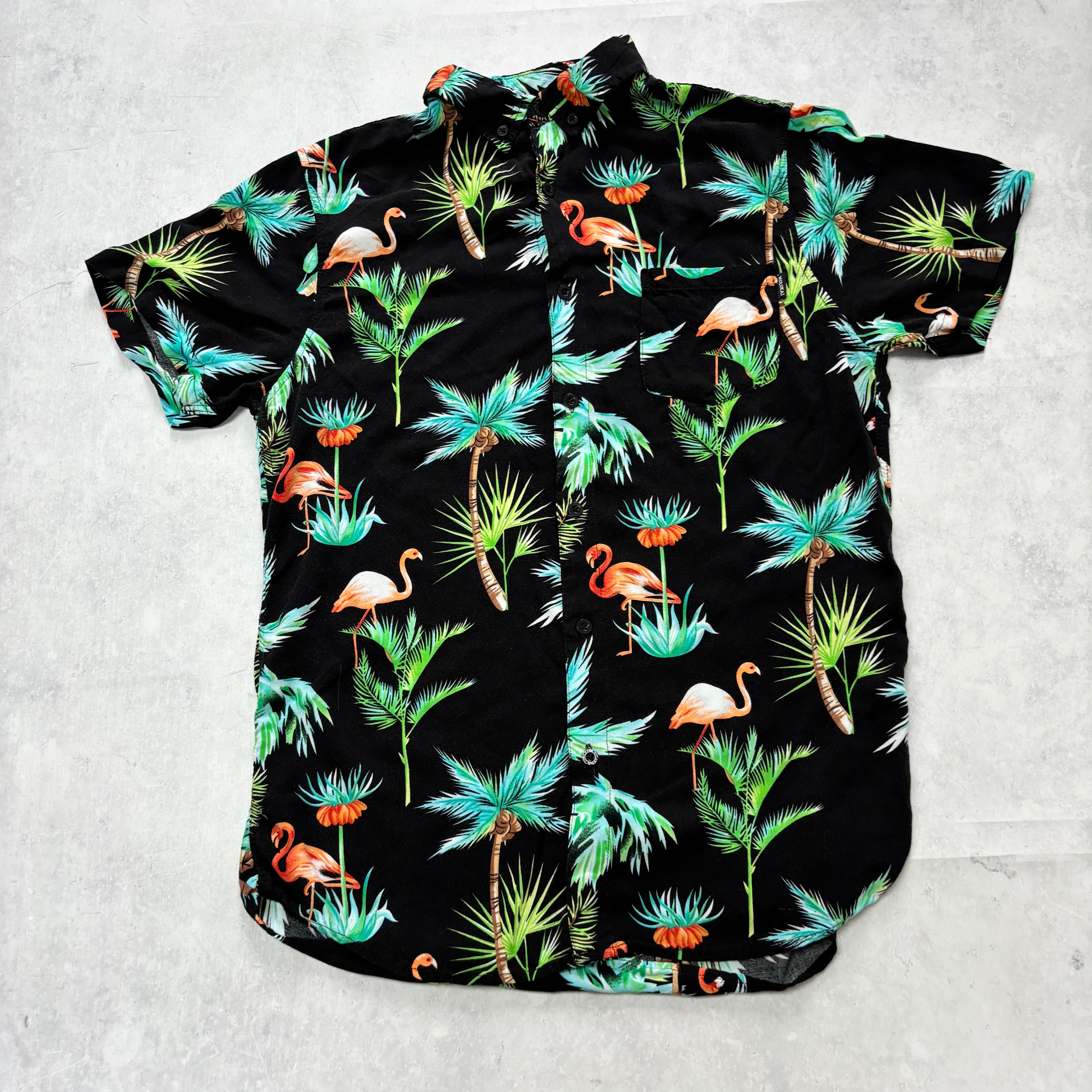 Hawaiian Shirt Mens Small Black Aloha Floral Short Sleeve (E)