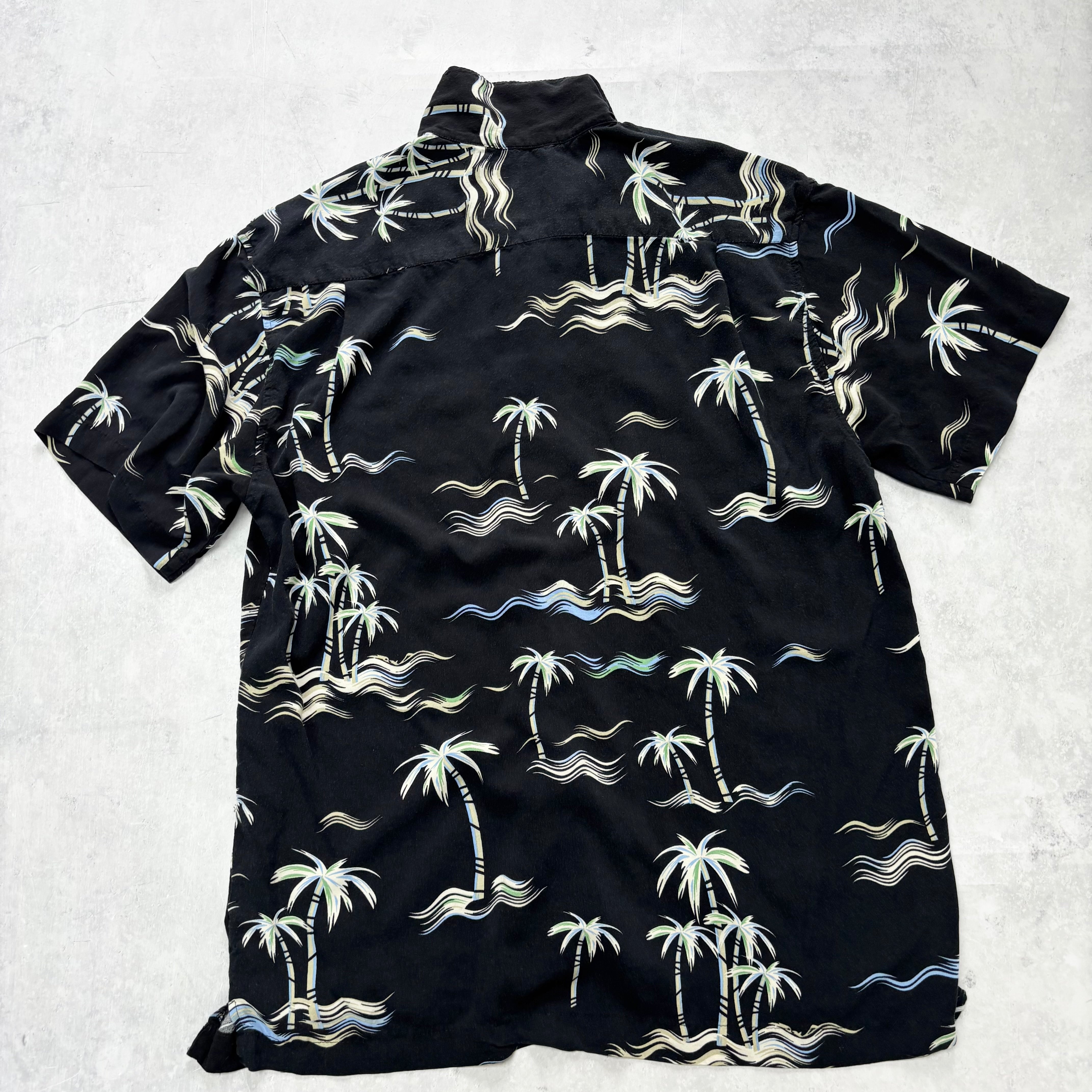 Vintage Hawaiian Shirt Mens Medium Black Aloha Floral Short Sleeve Rayon (E)