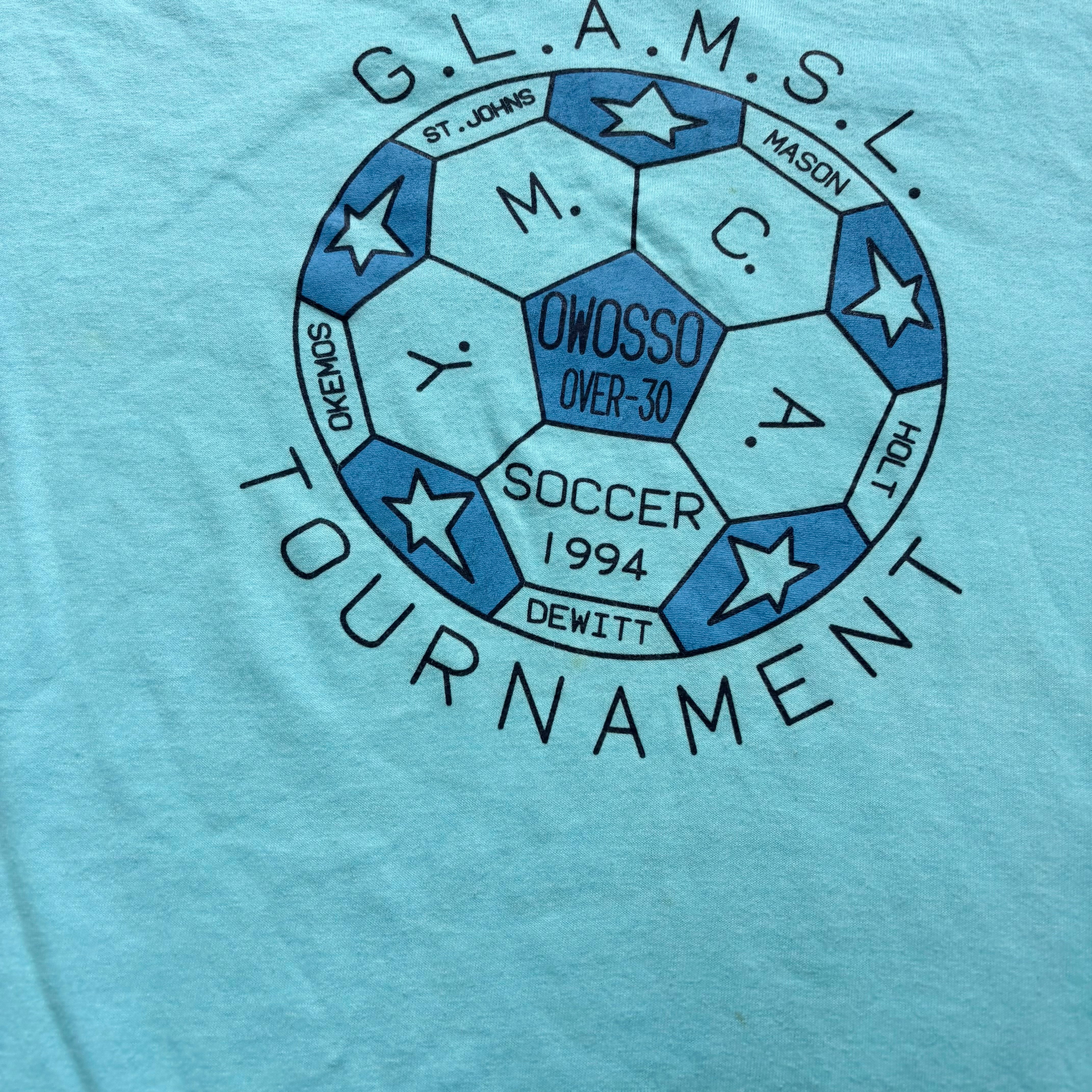 Vintage T Shirt Mens Large Blue Single Stitch Graphic Print 90s USA Soccer