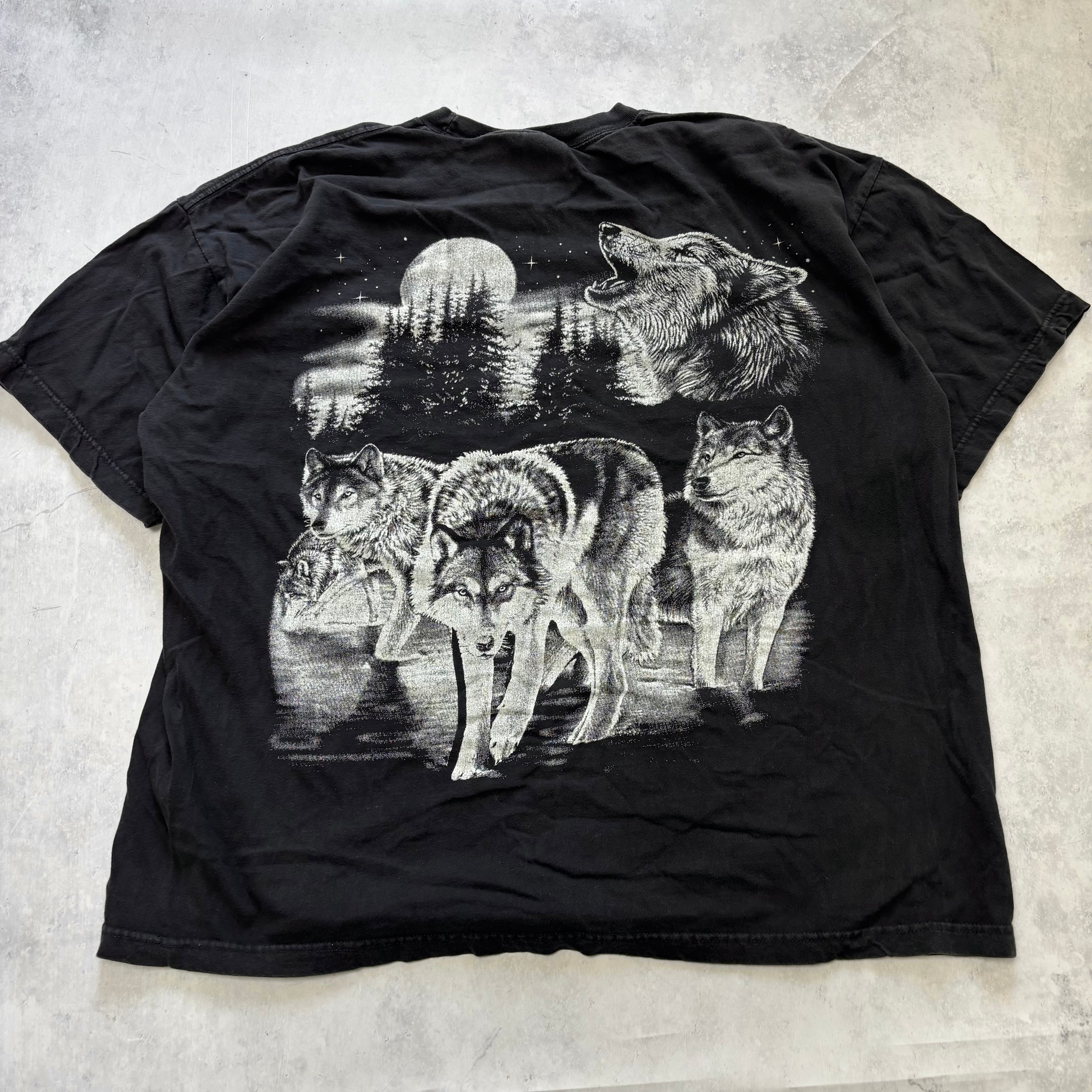 Vintage T Shirt Mens XXL Black Graphic Print 90s Wolves Nature