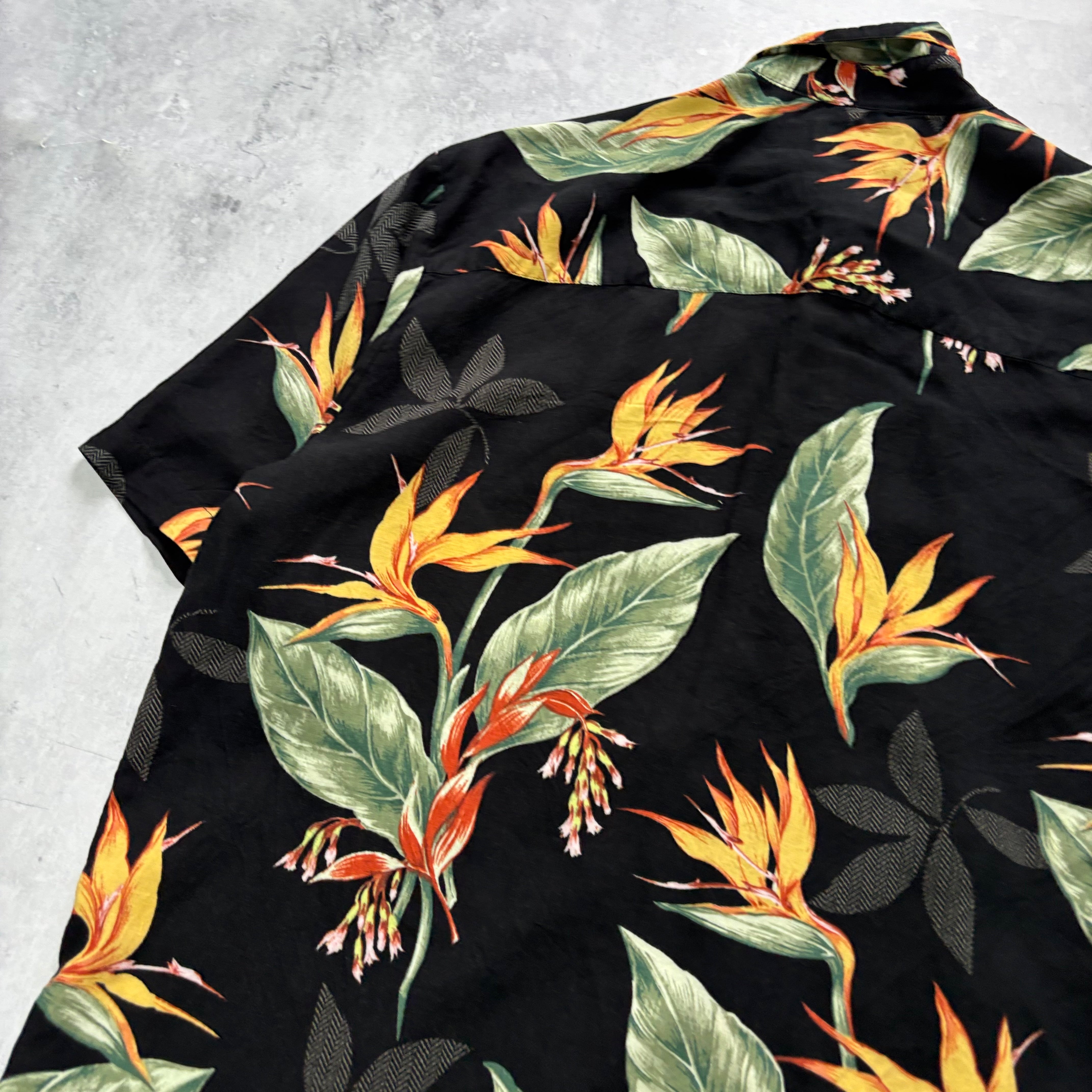 Vintage Hawaiian Shirt Mens Large Black Floral Aloha Short Sleeve Rayon (E)