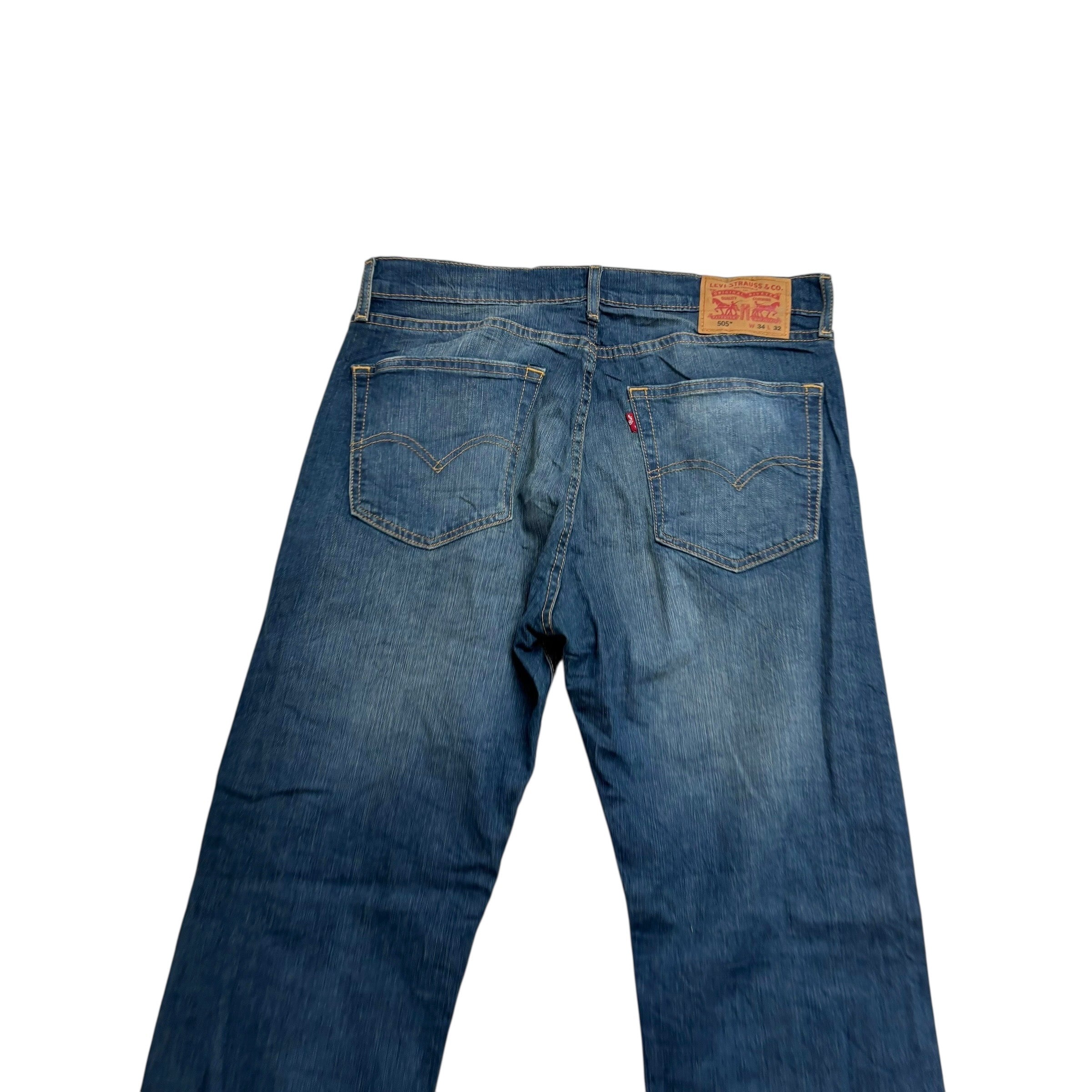 Levis 505 Jeans W34 L32 Mens Dark Blue Regular Straight Fit Stretch Denim (E)