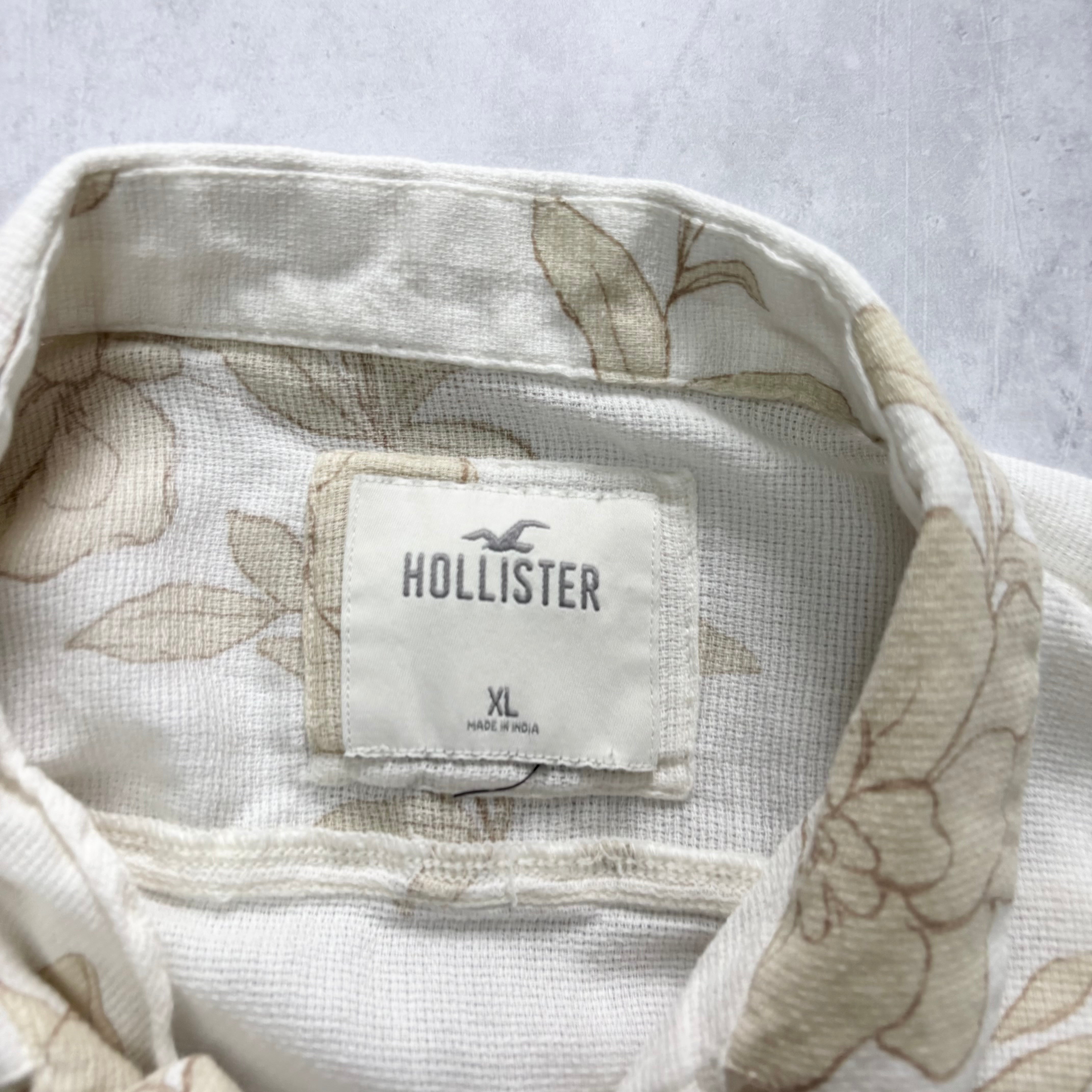 Hollister Hawaiian Shirt Mens Large White Aloha Short Sleeve Cotton Linen Blend