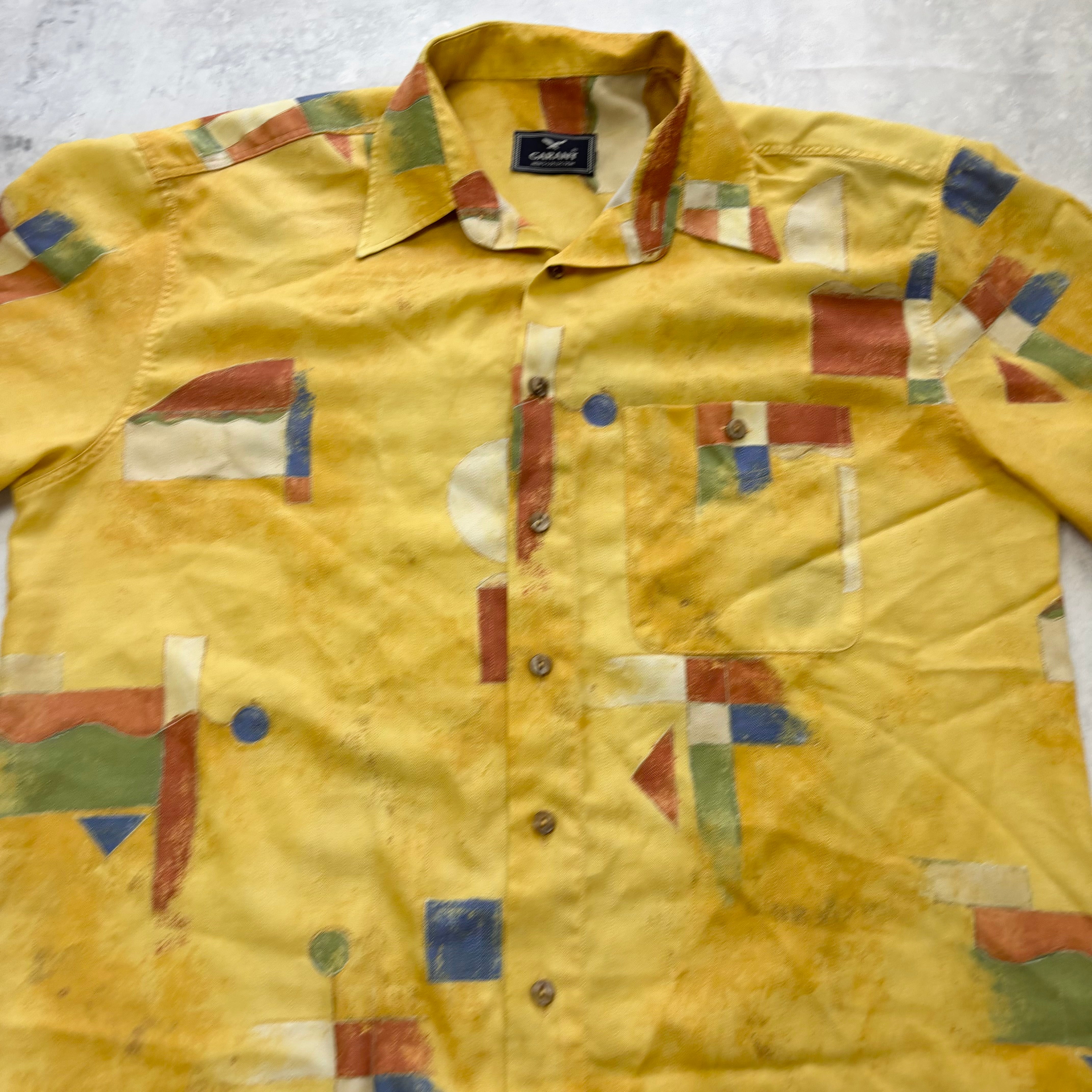 Vintage Funky Shirt Mens Large Yellow Art Abstract Short Sleeve (E)
