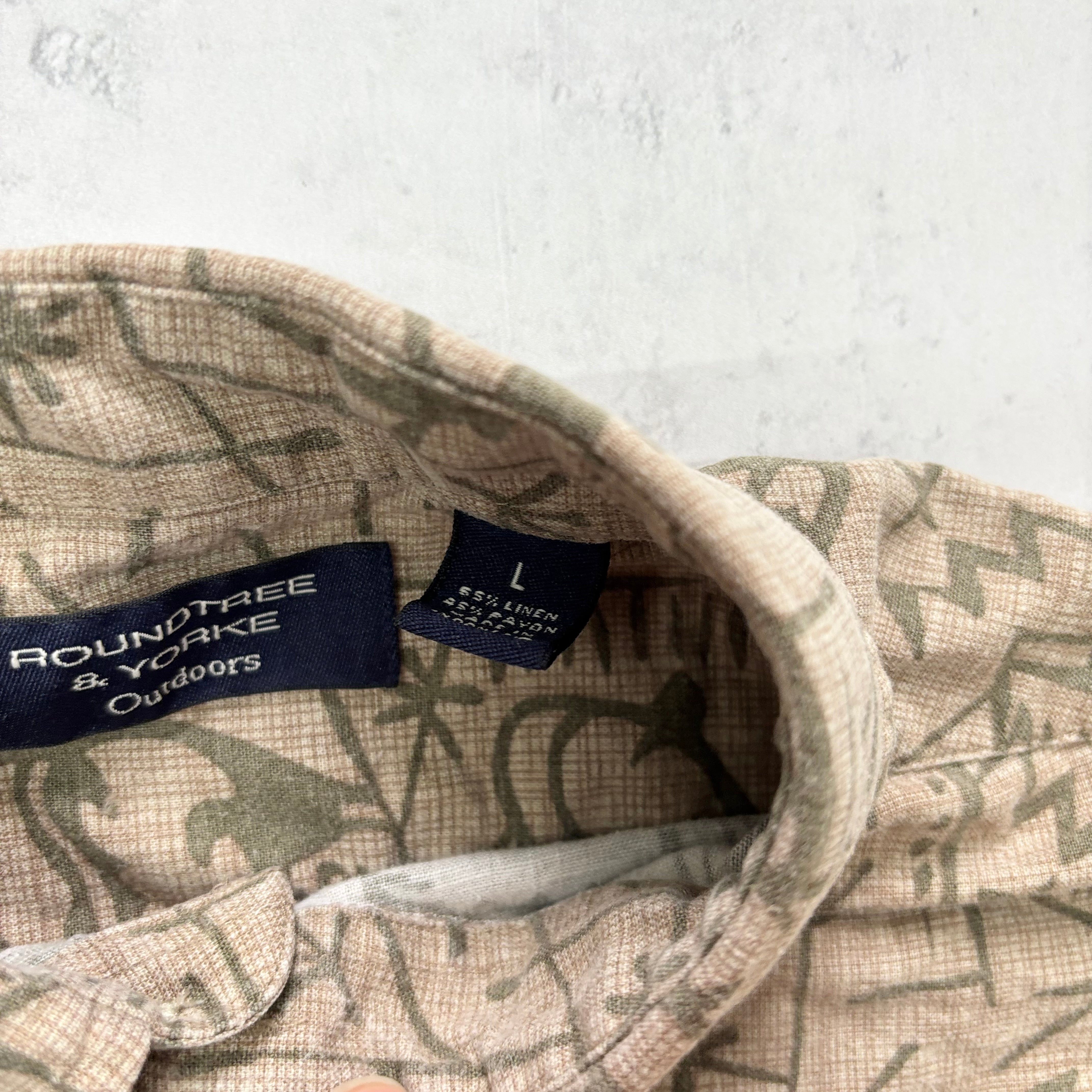Vintage Shirt Mens Large Brown Outdoors Patterned Short Sleeve Linen (E)