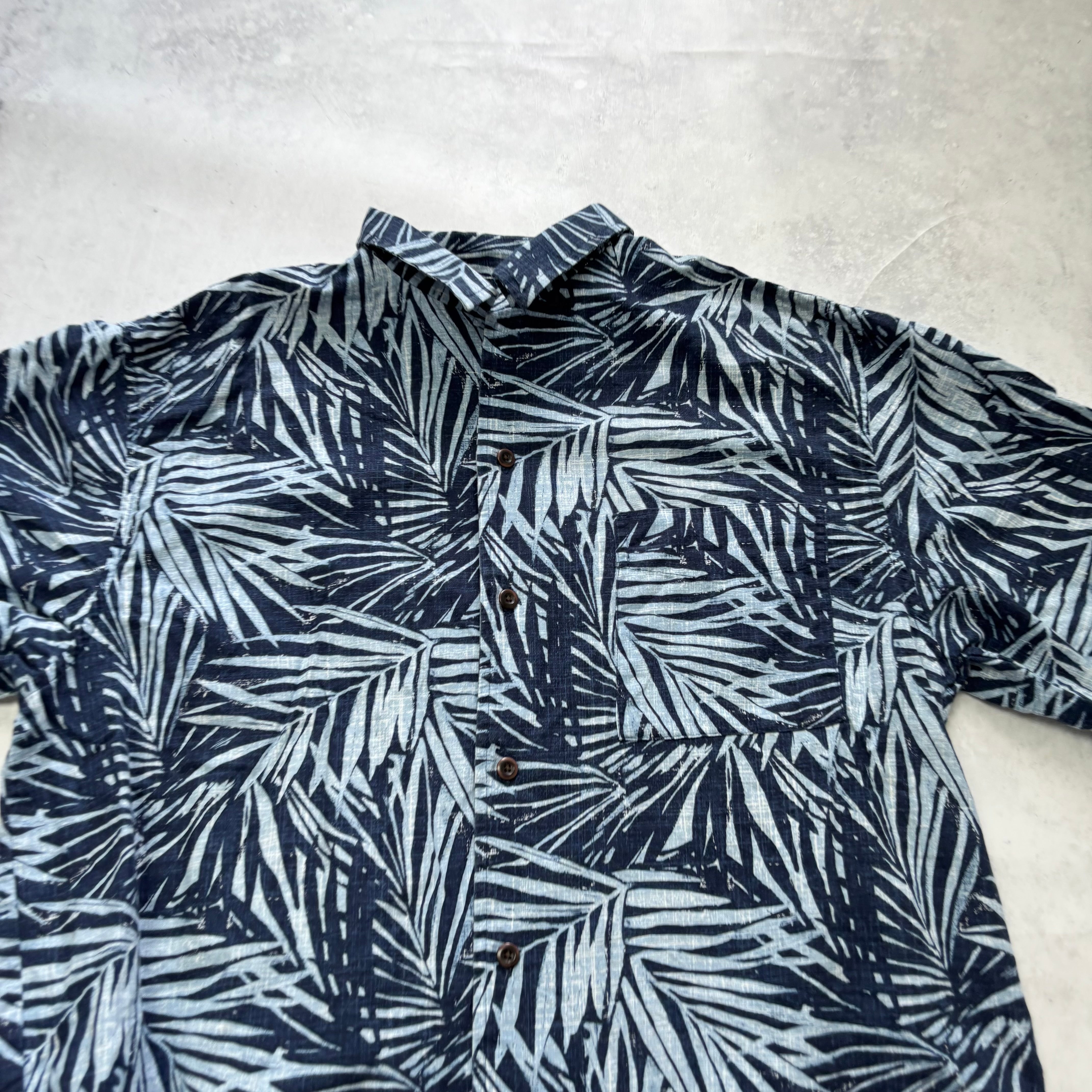 Eddie Bauer Hawaiian Shirt Mens Medium Tall Blue Floral Aloha Linen Vintage (E)