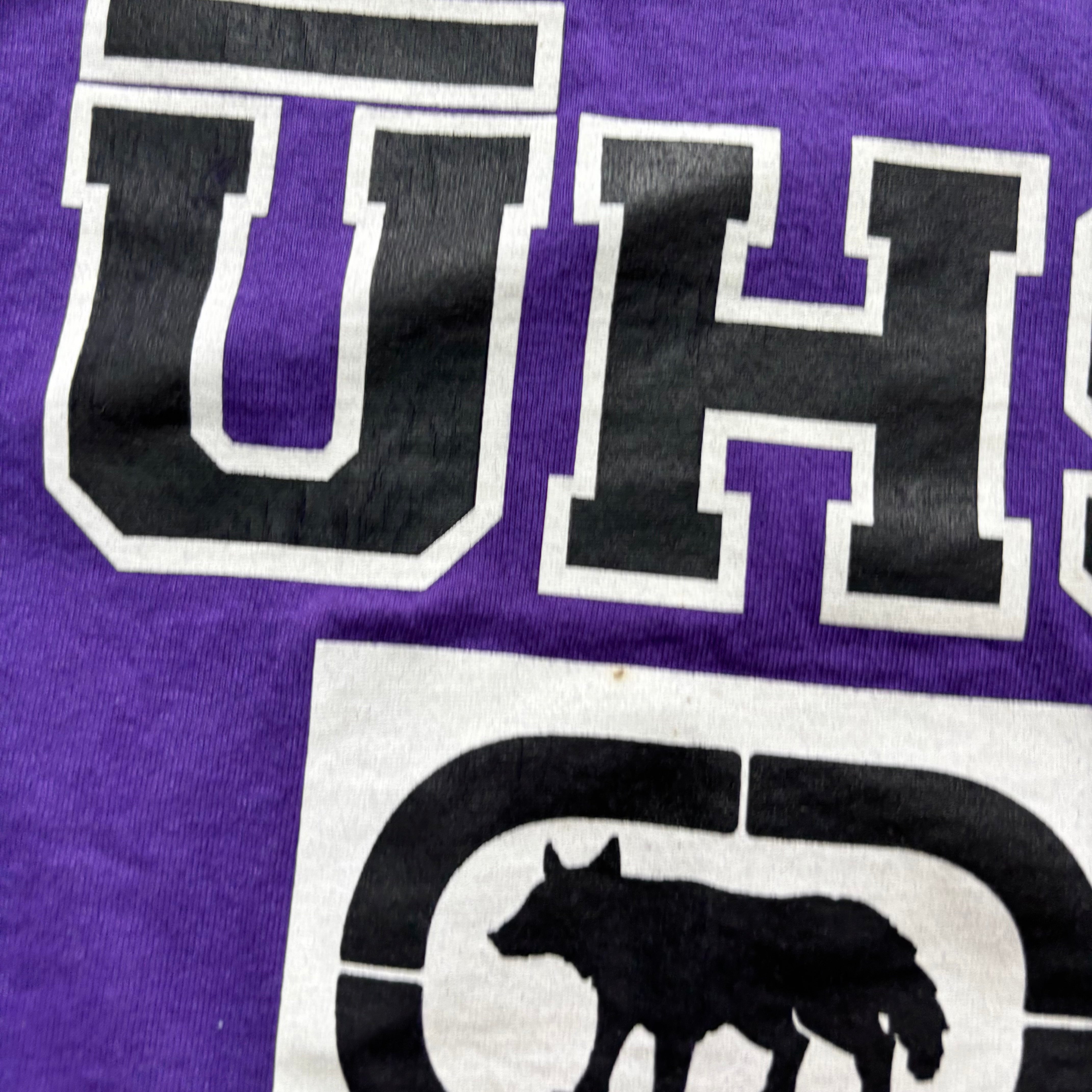 Vintage T Shirt Mens Large Purple Graphic Print 90s College