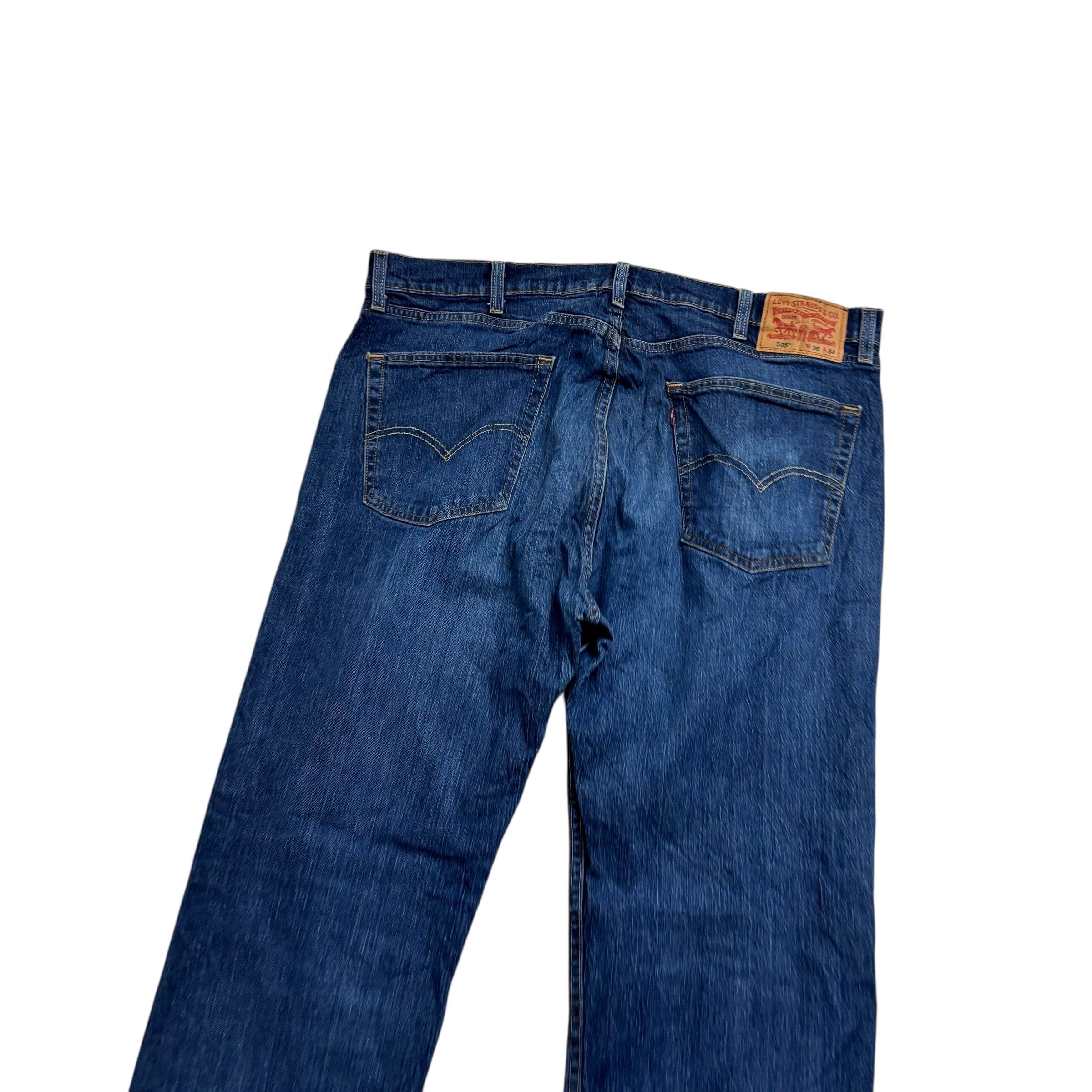 Levis 505 Jeans W38 L34 Mens Dark Blue Regular Straight Fit Stretch Denim (E)