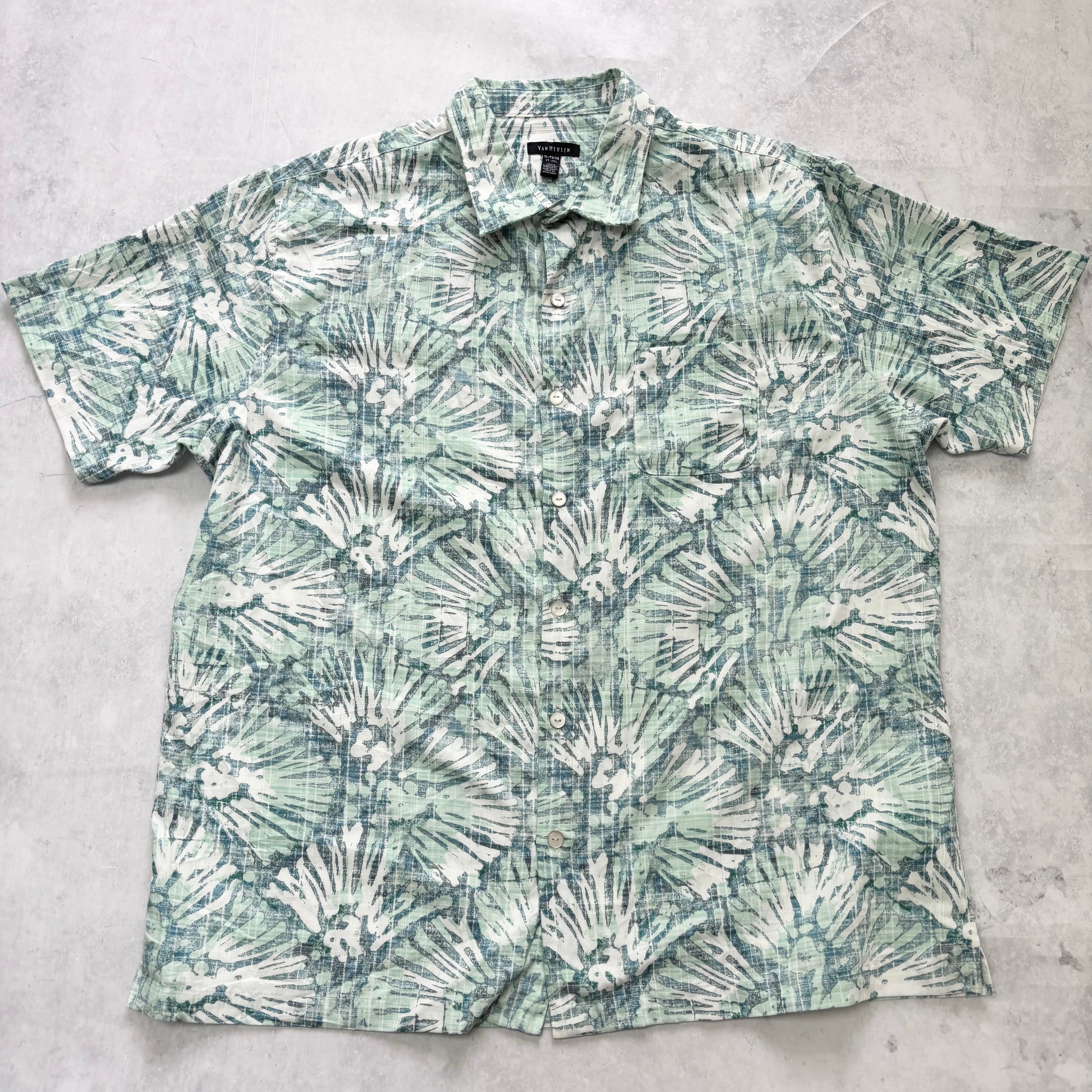 Hawaiian Shirt Mens XL Green Floral Aloha Short Sleeve Polyester (E)