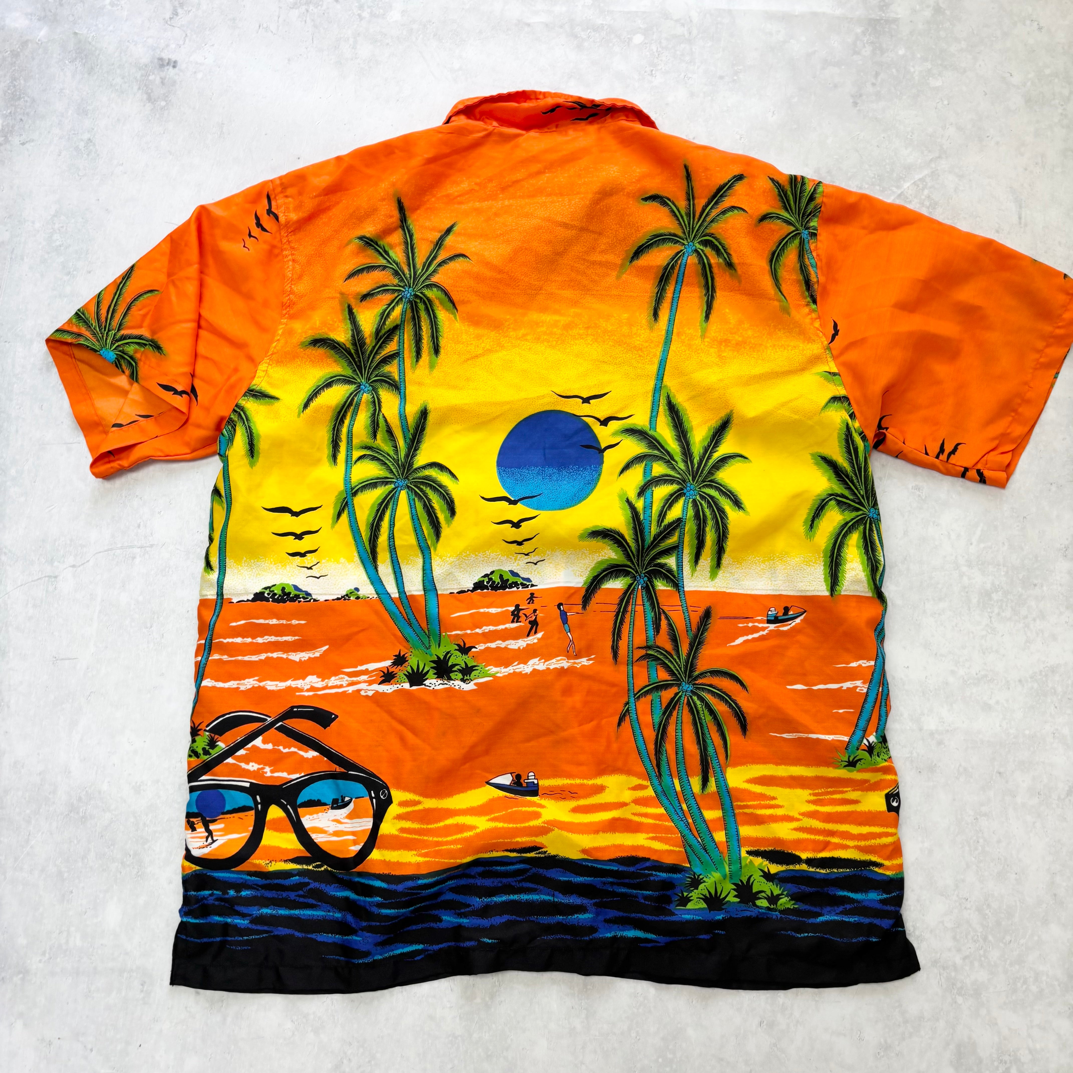 Hawaiian Shirt Mens Large Orange Floral Aloha Short Sleeve Polyester (E)