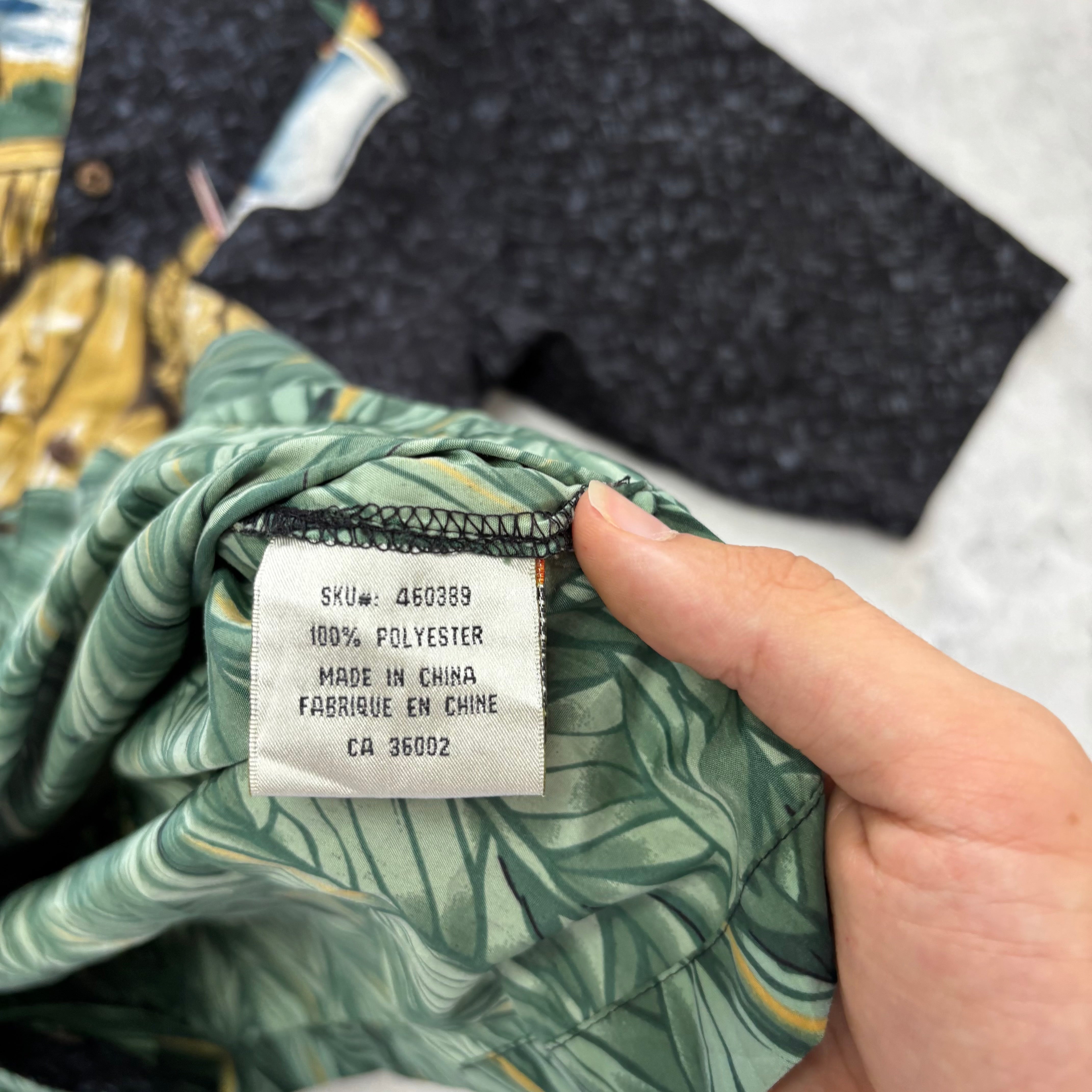 Vintage Hawaiian Shirt Mens Medium Black Floral Aloha Short Sleeve Polyester (E)