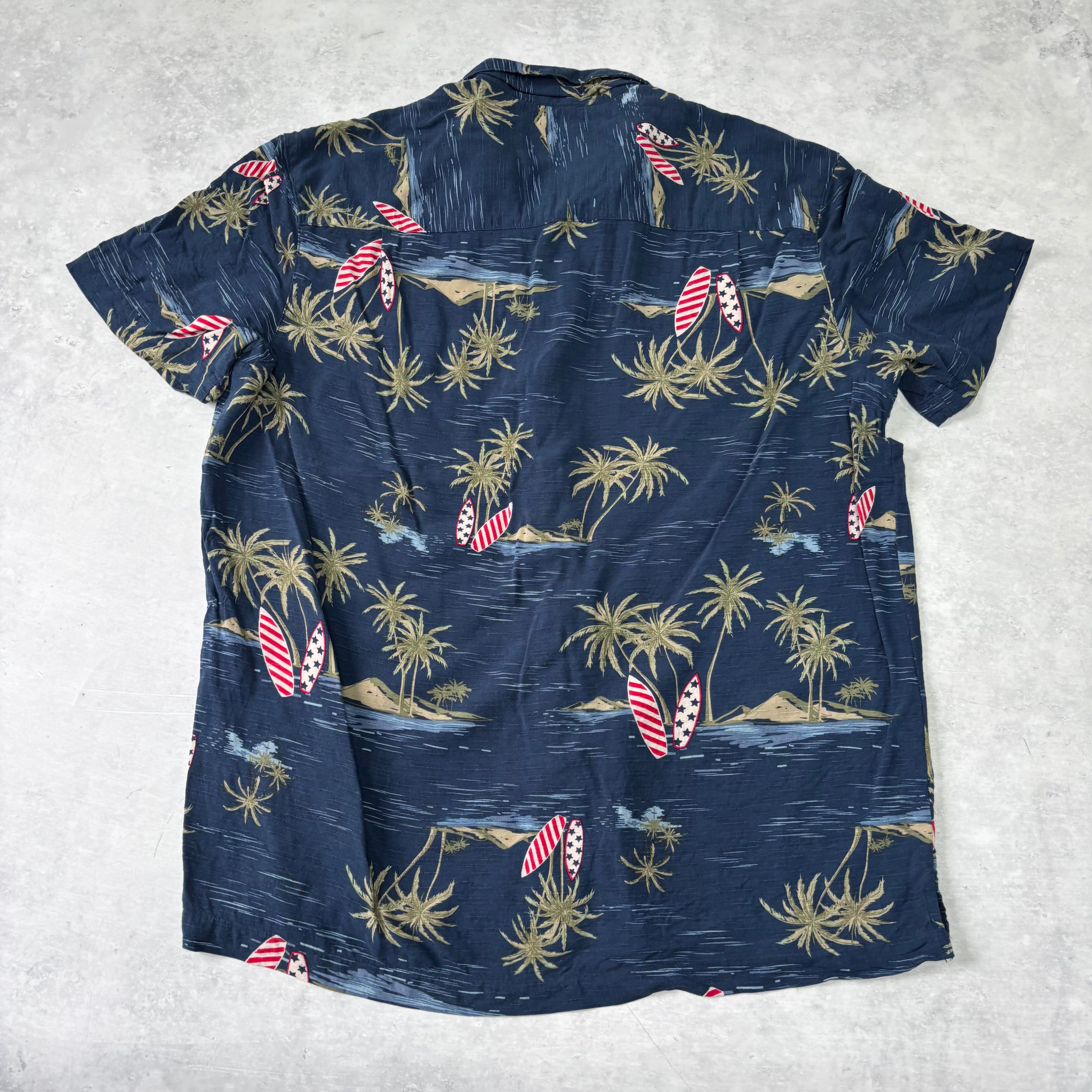 Hawaiian Shirt Mens Large Navy Blue Floral Aloha Short Sleeve Rayon George (E)