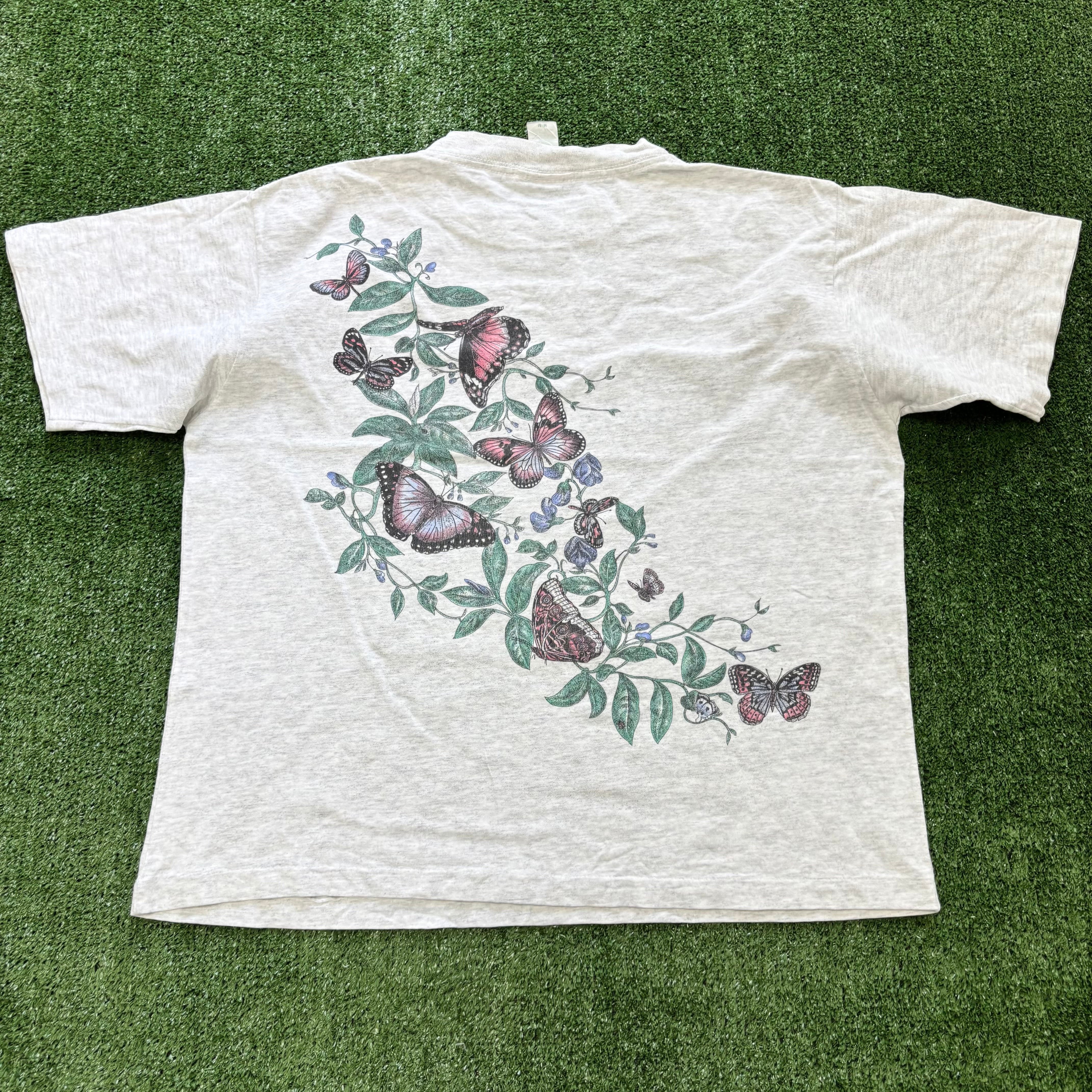 Vintage T Shirt Mens Small Grey Single Stitch Graphic Print 90s Butterflys (E)