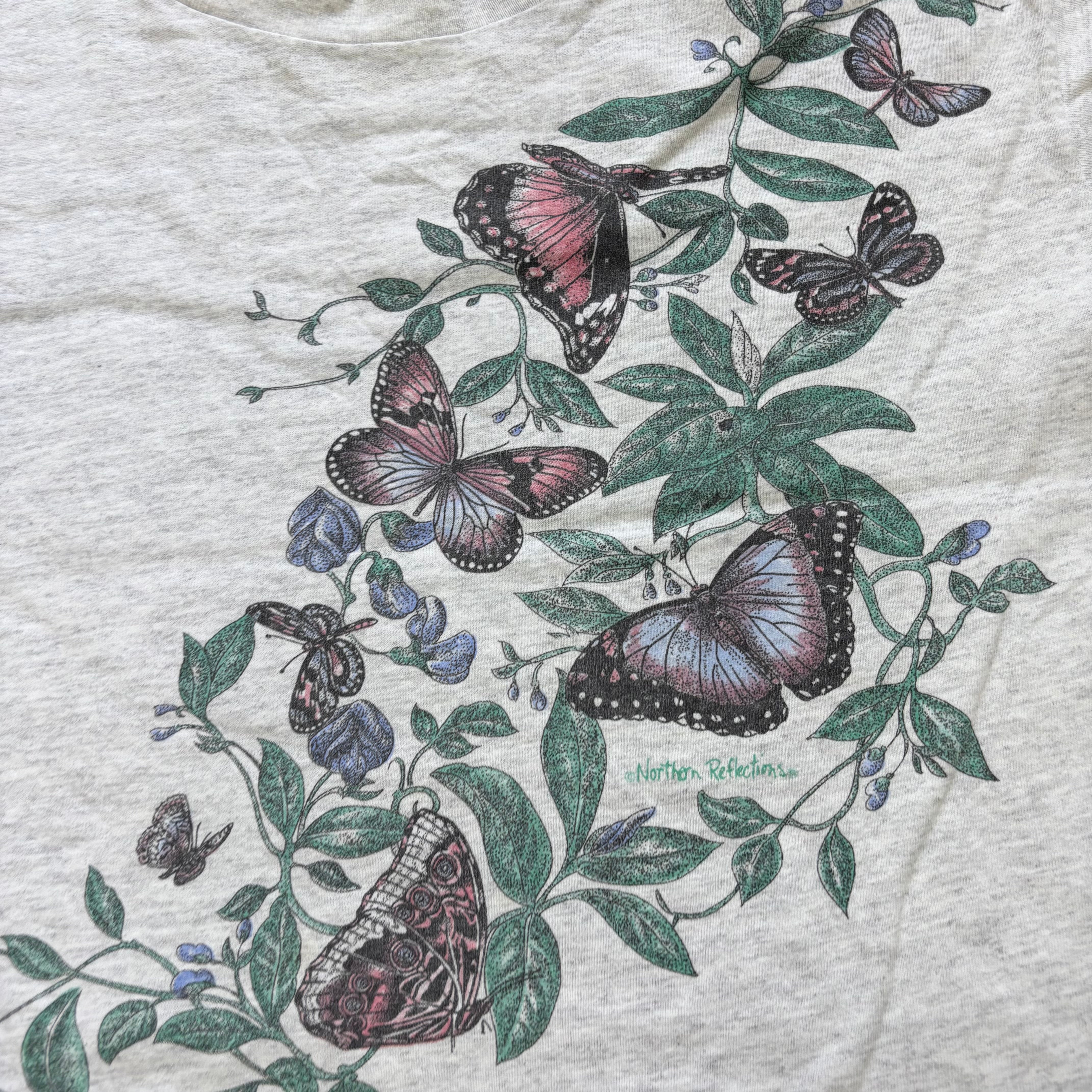 Vintage T Shirt Mens Small Grey Single Stitch Graphic Print 90s Butterflys (E)