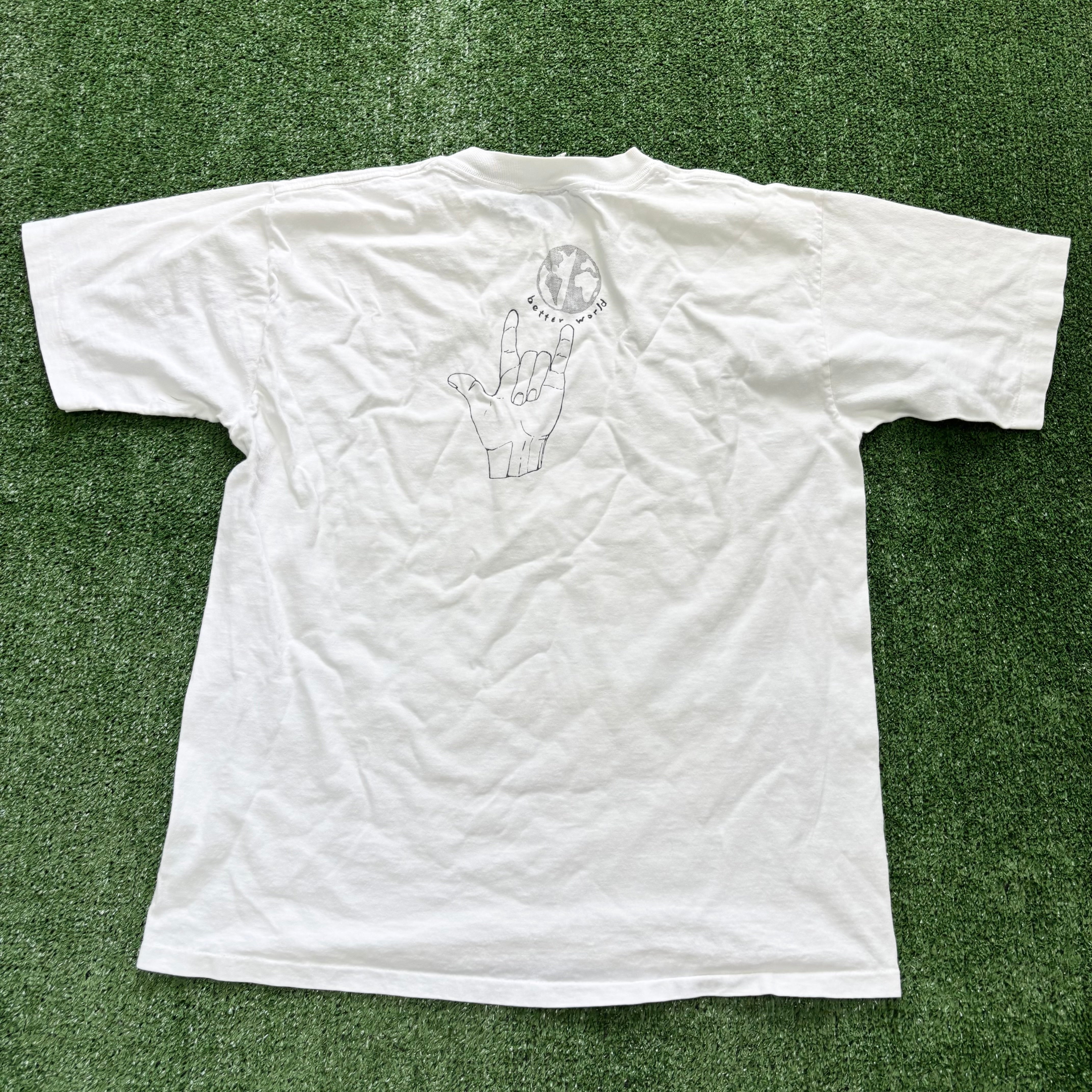 Vintage T Shirt Mens Medium White Single Stitch Graphic Print 90s Sign (E)