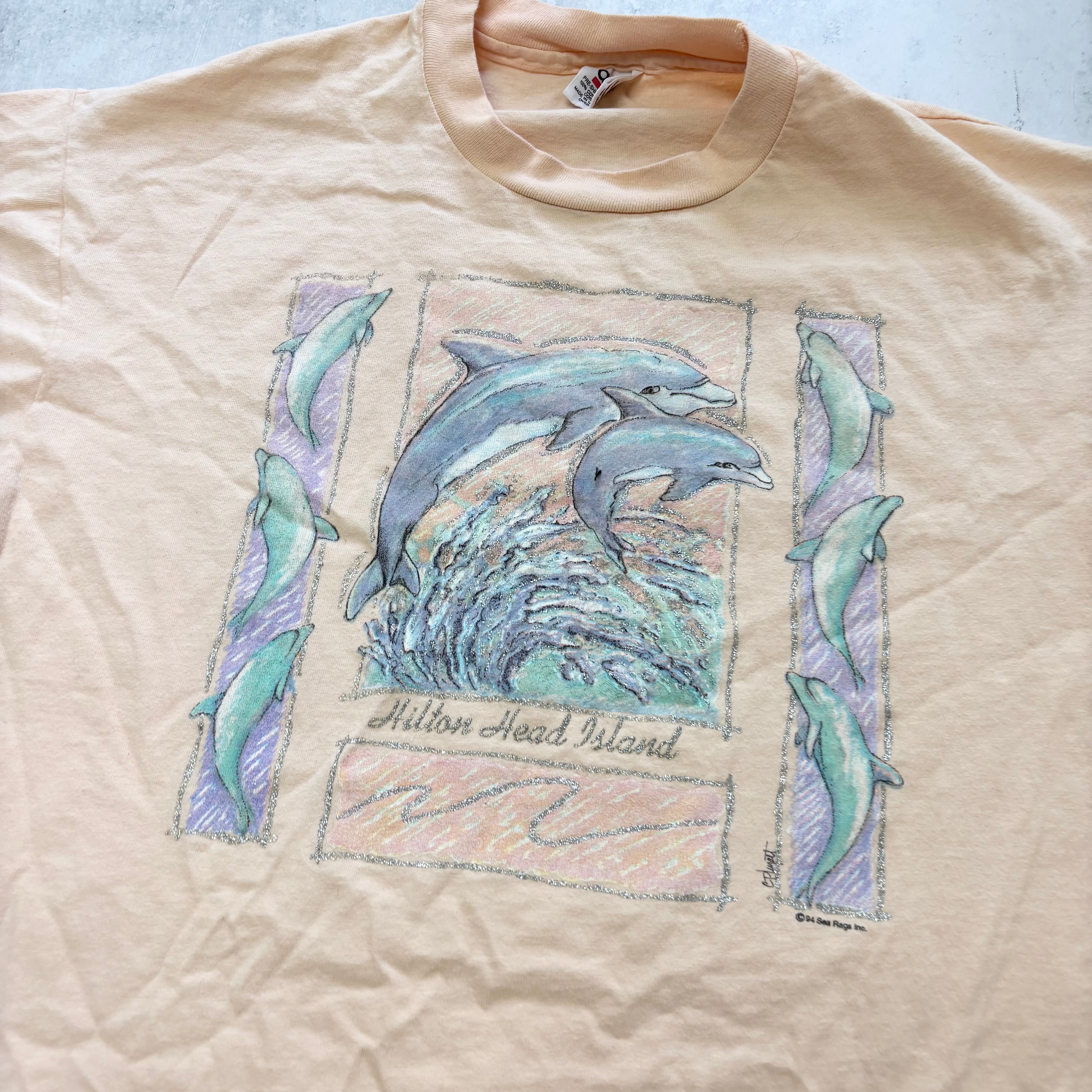 Vintage T Shirt Mens Medium Peach Single Stitch Graphic Print 90s Dolphins (E)