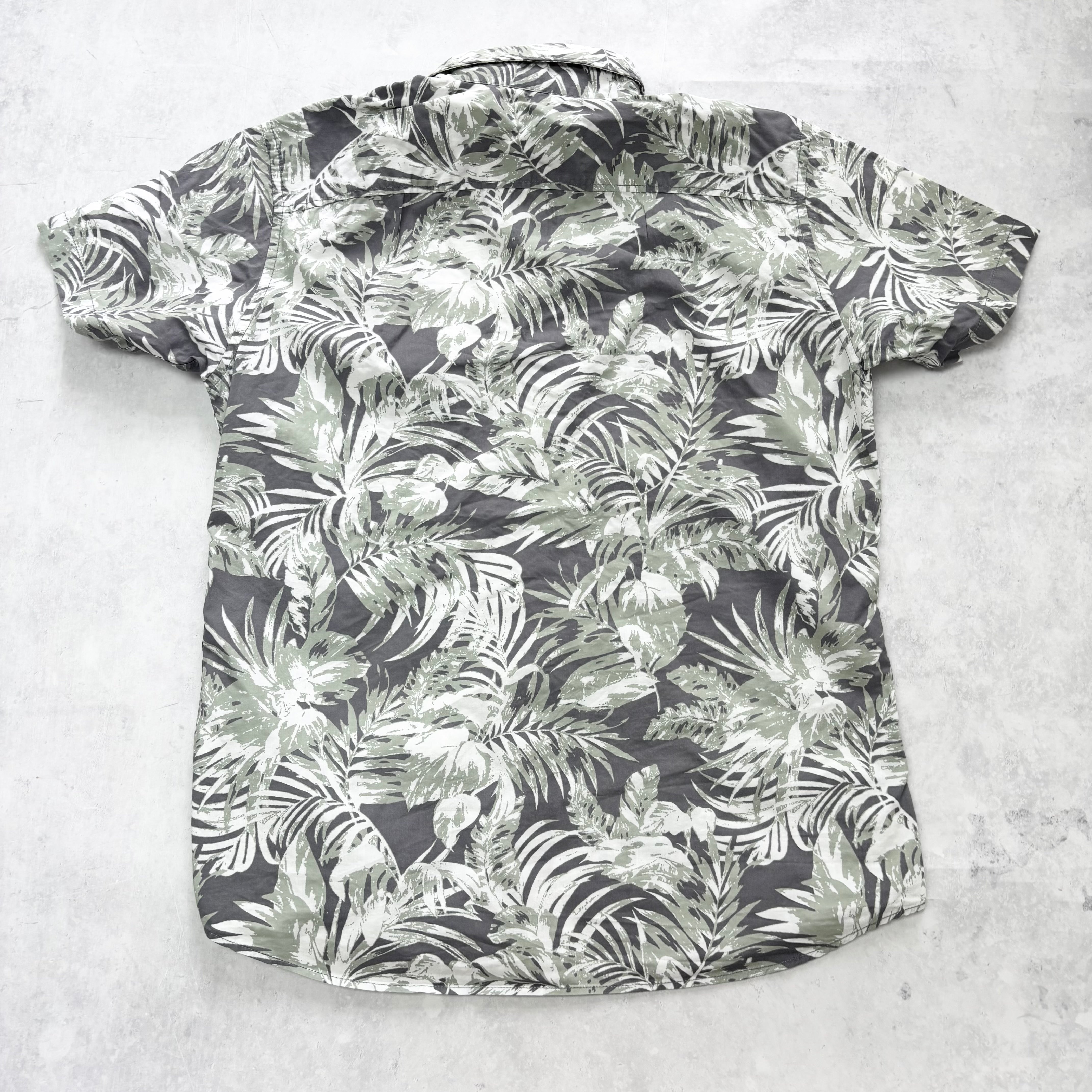 Hawaiian Shirt Mens Large Green Floral Aloha Short Sleeve Cotton Slim Fit (E)