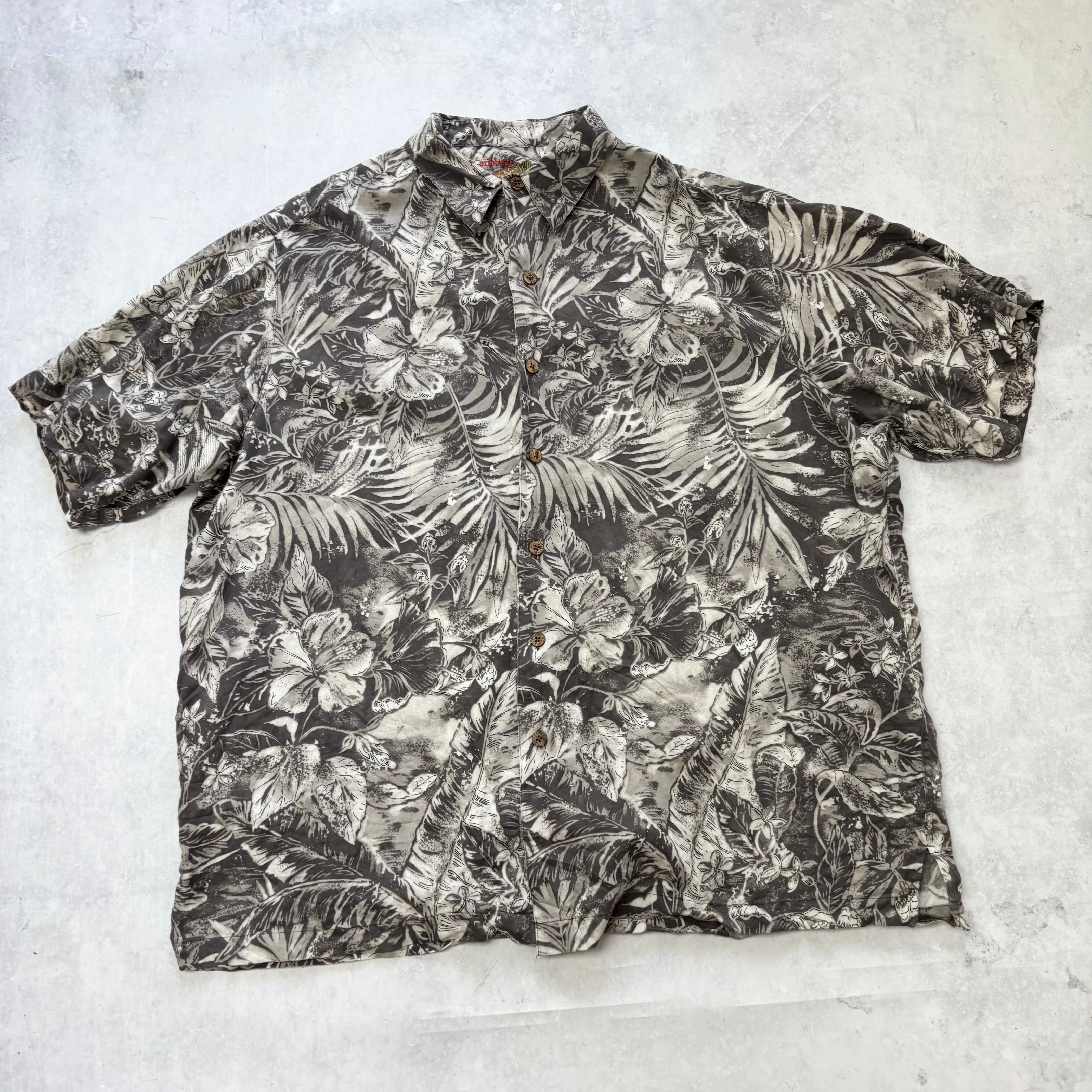 Vintage Hawaiian Shirt Mens XXL Grey Floral Aloha Short Sleeve Silk Blend (E)