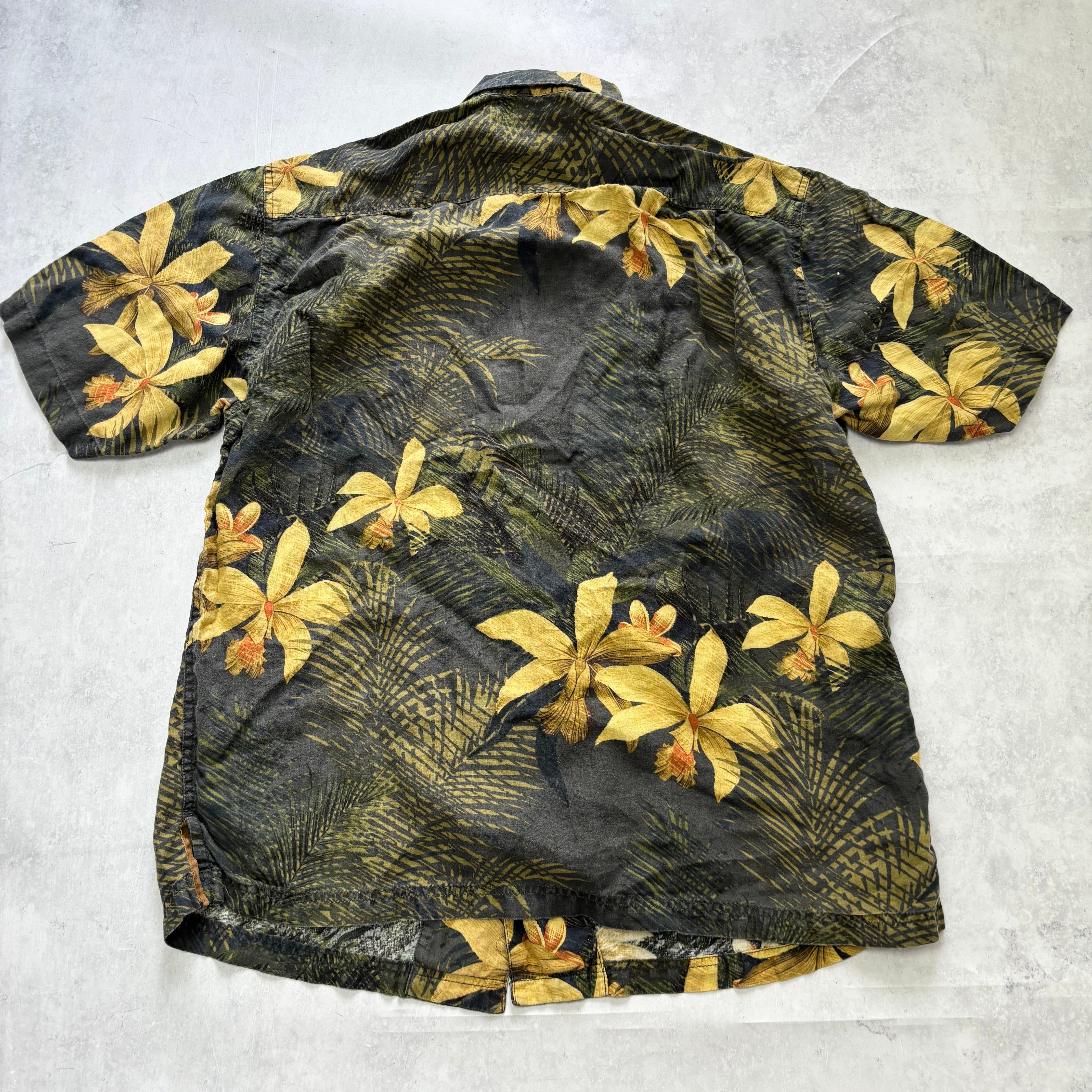 Vintage Hawaiian Shirt Mens Large Green Floral Cotton Tommy Bahama (E)