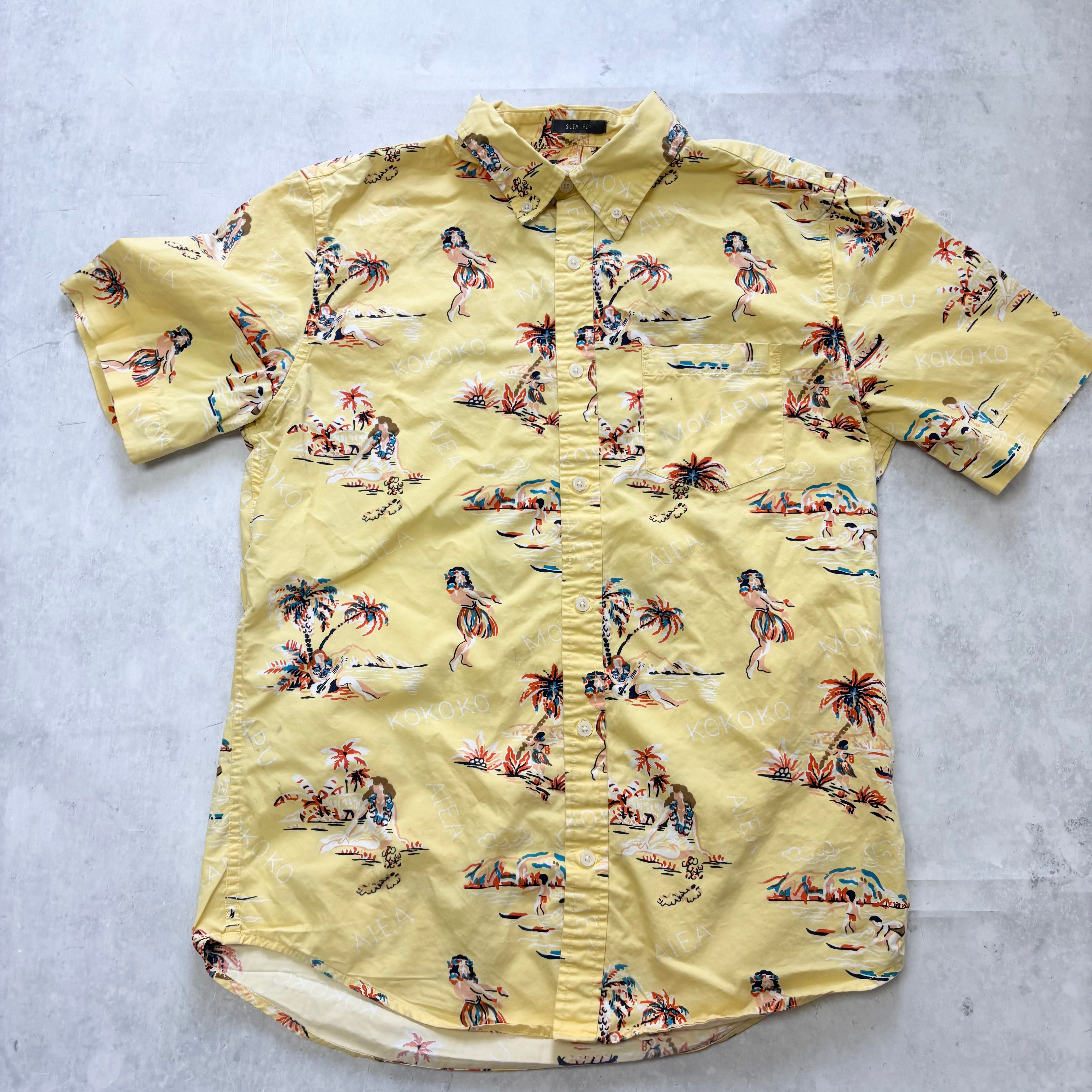 Hawaiian Shirt Mens Medium Yellow Aloha Short Sleeve Cotton Slim Fit