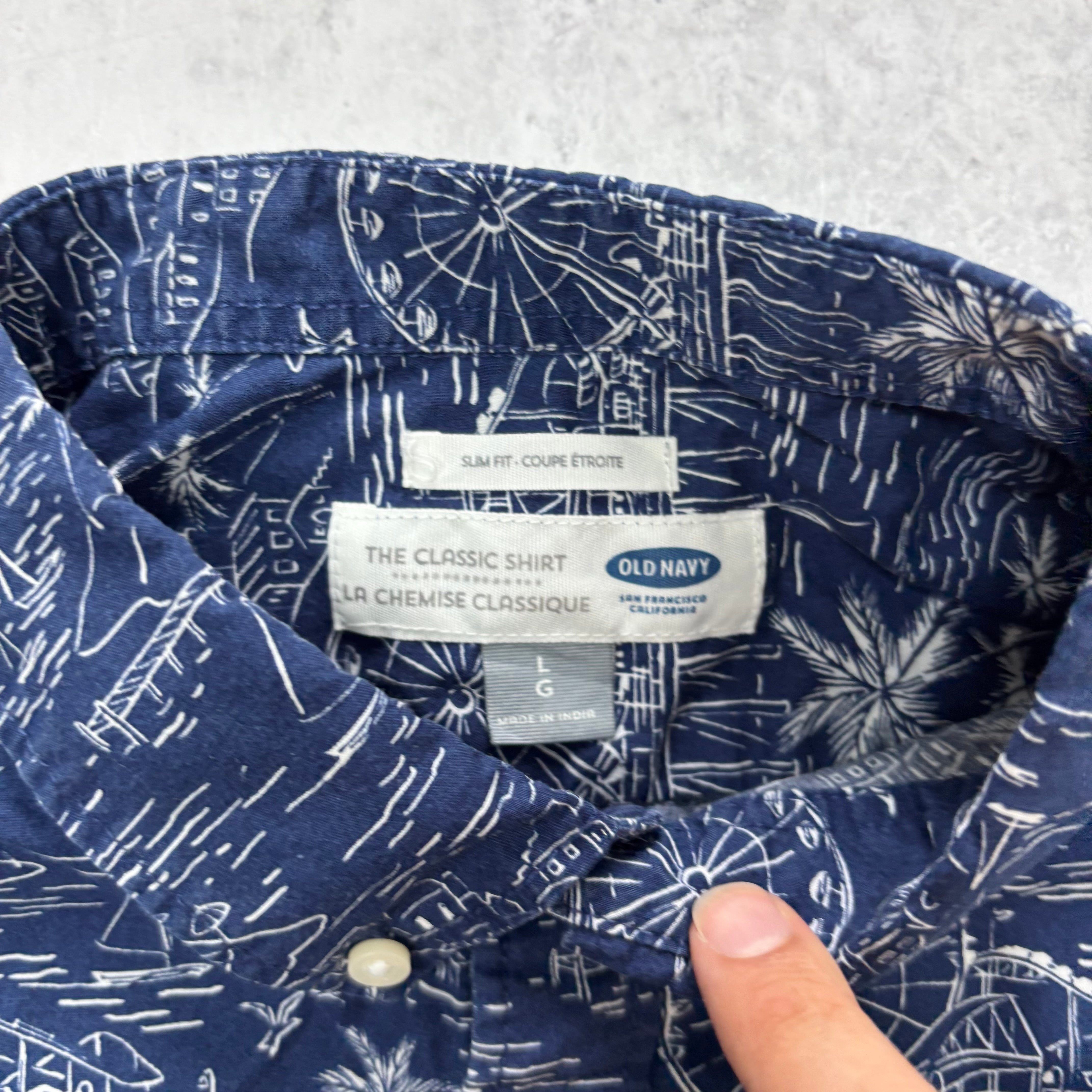 Old Navy Hawaiian Shirt Mens Large Blue Slim Fit Short Sleeve Cotton (E)