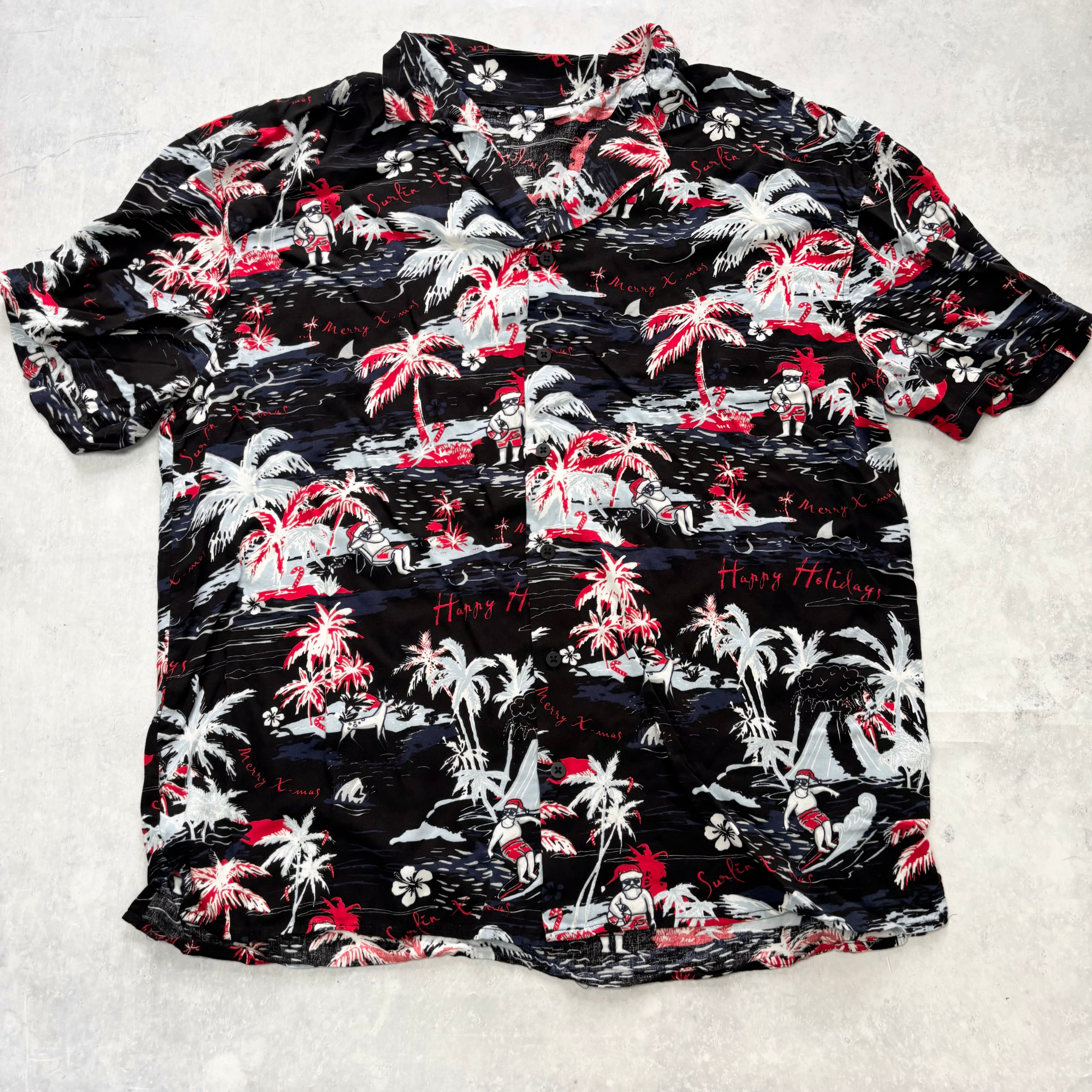Hawaiian Shirt Mens Large Black Floral Aloha Short Sleeve Viscose (E)