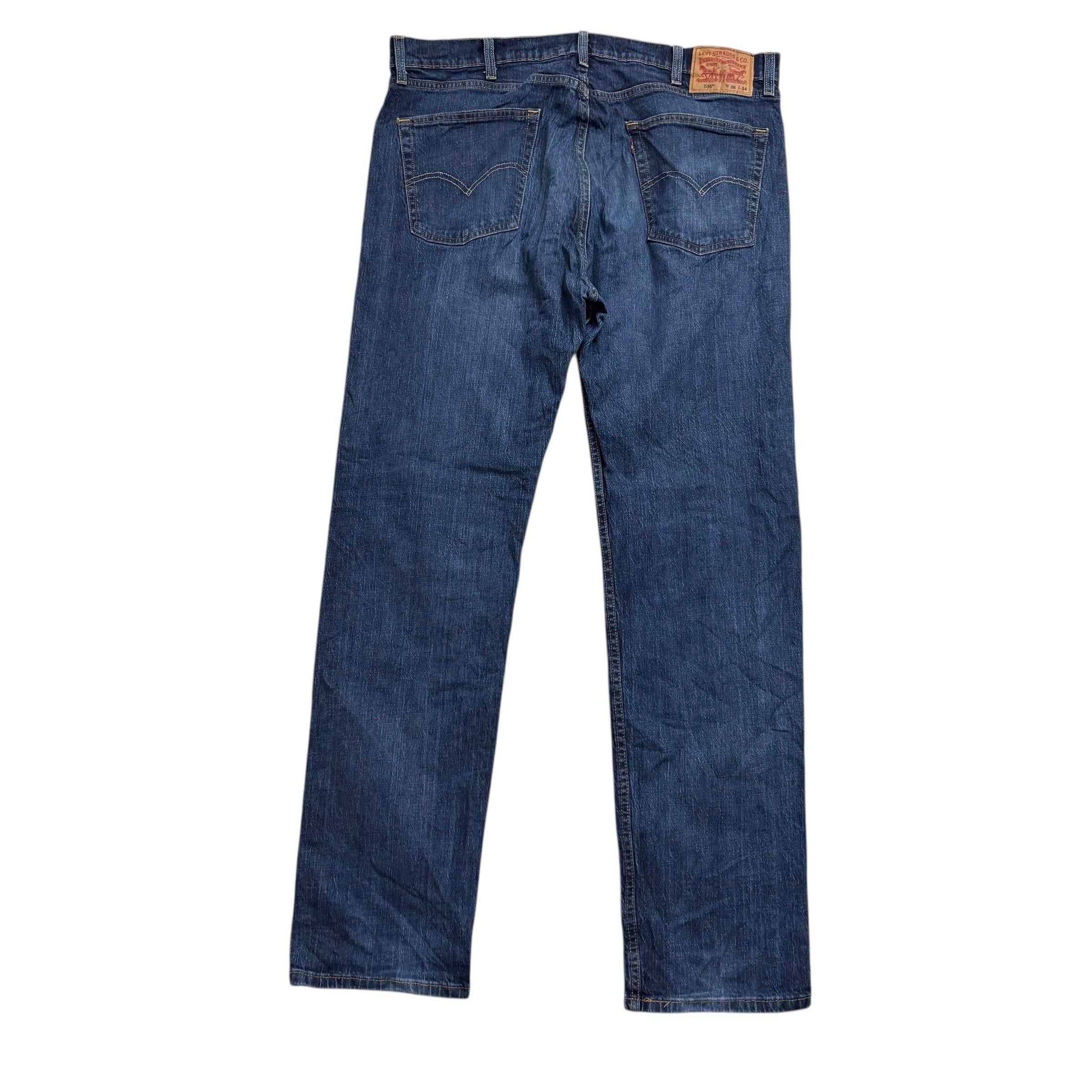 Levis 505 Jeans W38 L34 Mens Dark Blue Regular Straight Fit Stretch Denim (E)