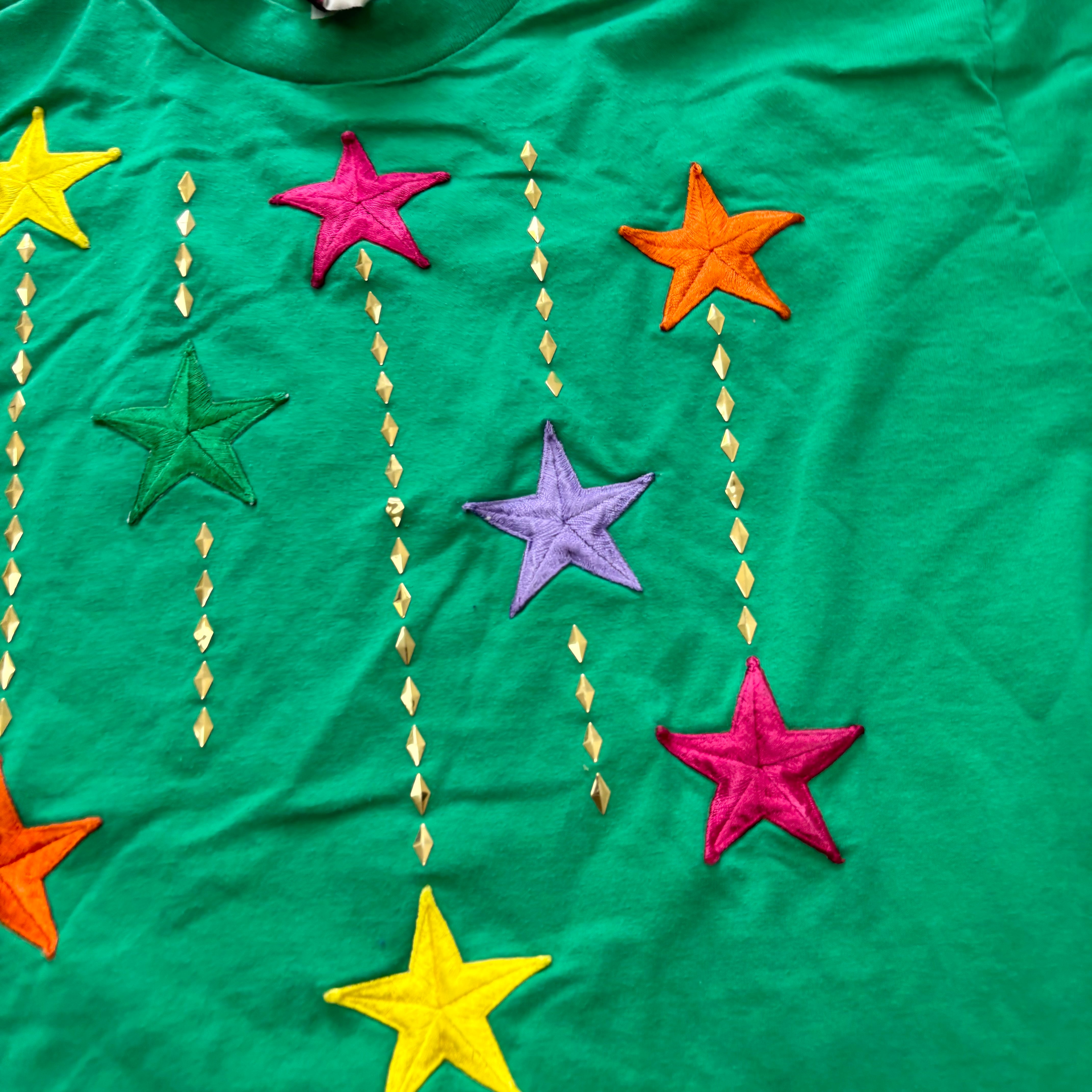 Vintage T Shirt Mens Medium Green Single Stitch Graphic Print 90s Stars (E)