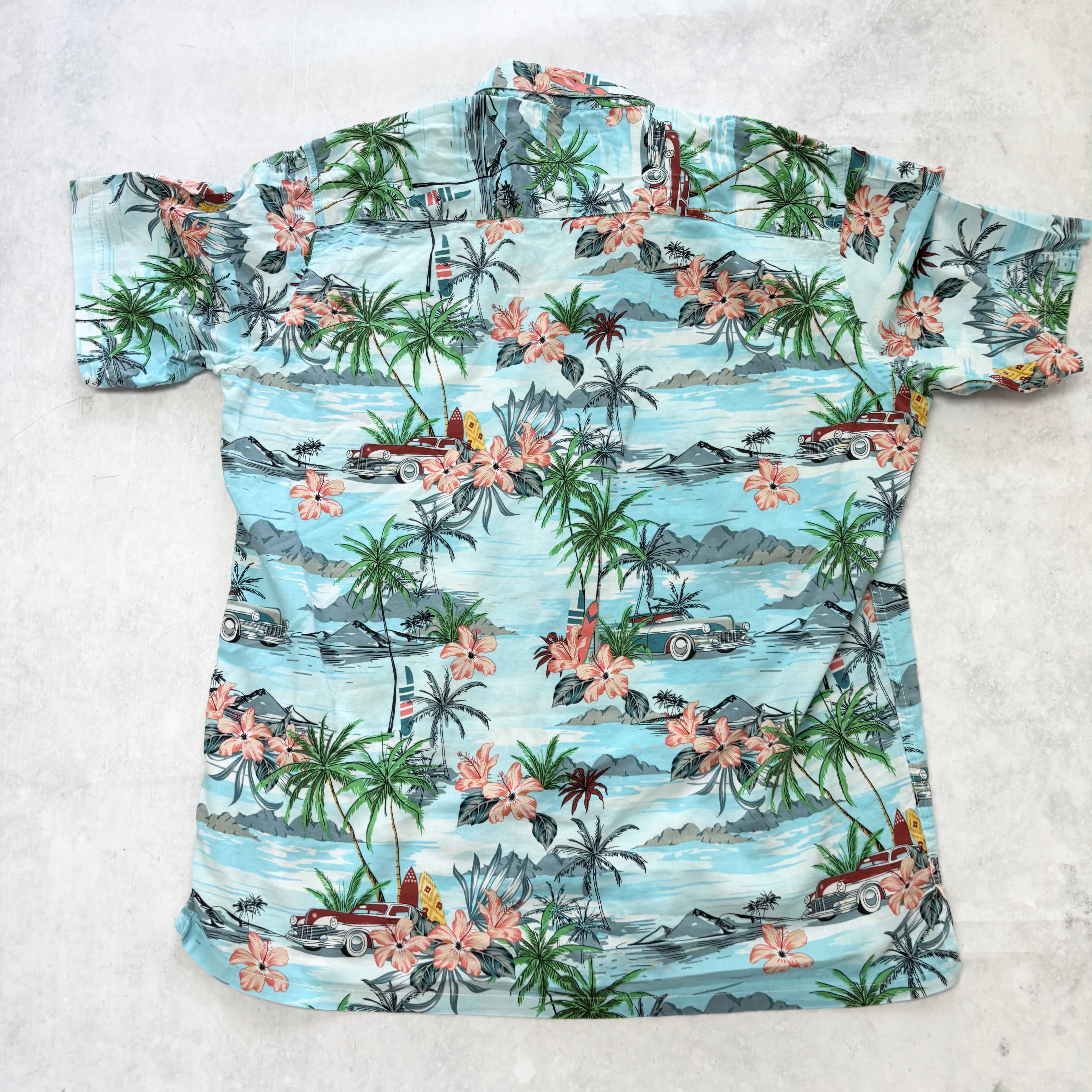 Hawaiian Shirt Mens Large Blue Floral Aloha Short Sleeve Viscose (E)