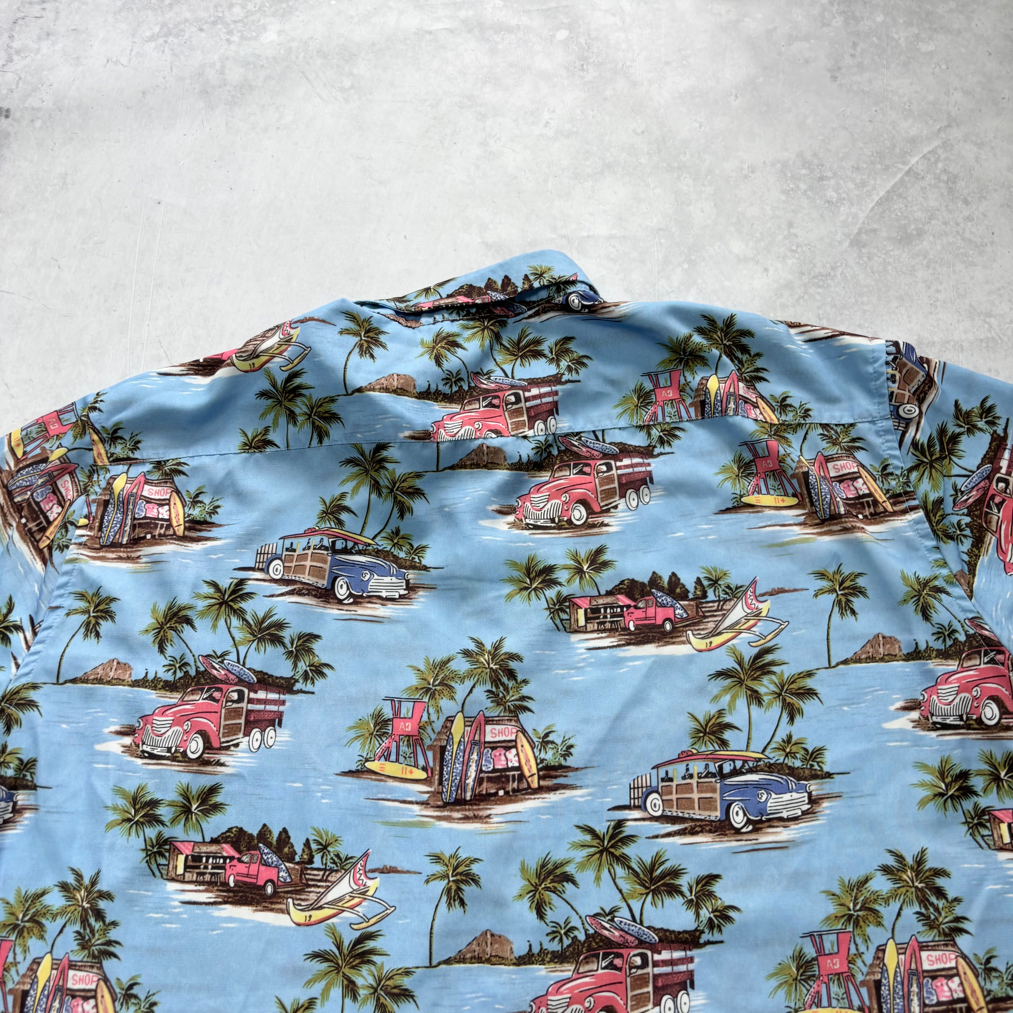 Hawaiian Shirt Mens XXL Blue Floral Aloha Short Sleeve Polyester (E)